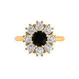 Top view floral cluster halo ring with round black moissanite center.