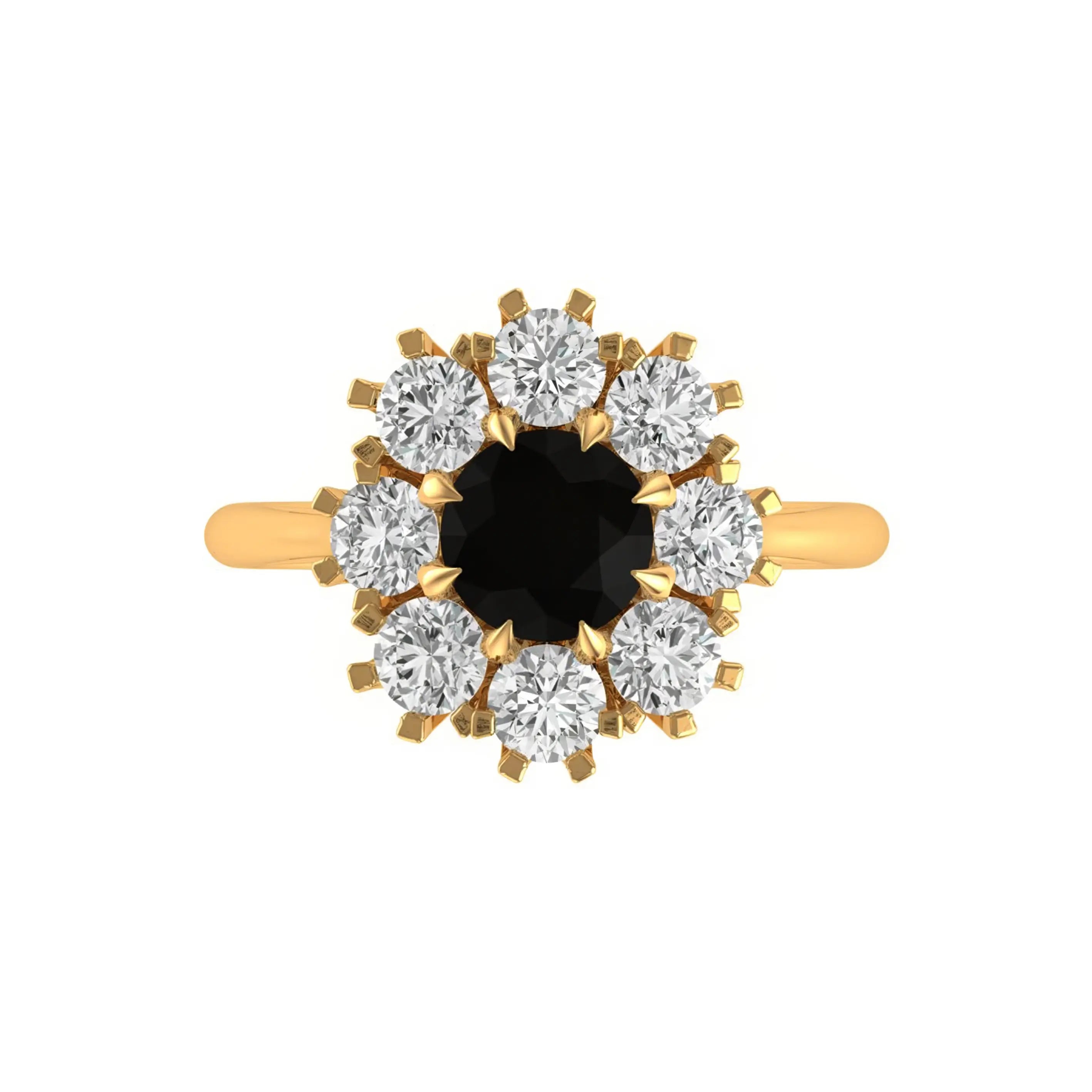 Top view floral cluster halo ring with round black moissanite center.