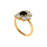 Angled view showing raised floral halo and slim yellow gold band.
