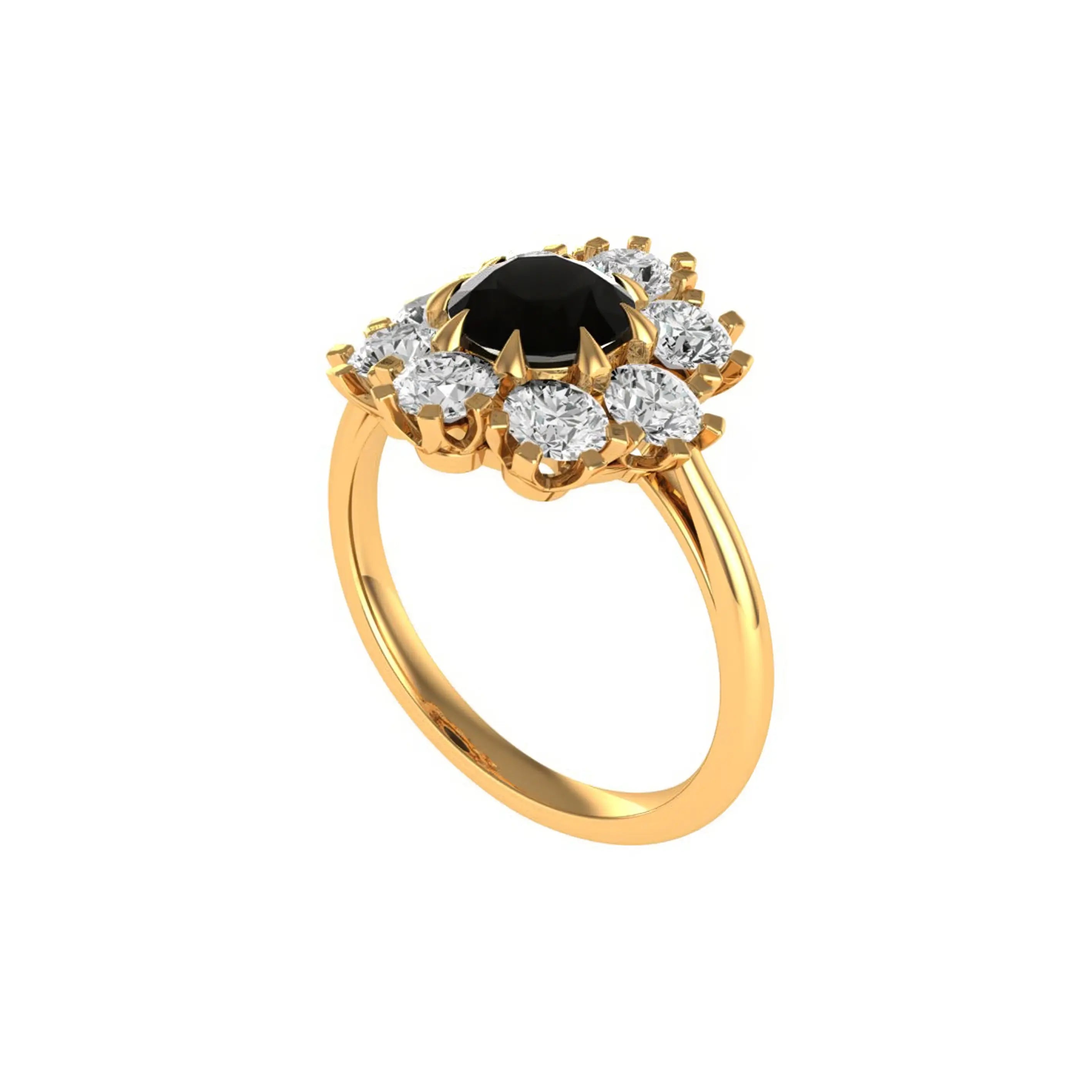 Angled view showing raised floral halo and slim yellow gold band.