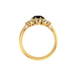 Front profile highlights crown prongs and scalloped halo gallery in yellow gold.