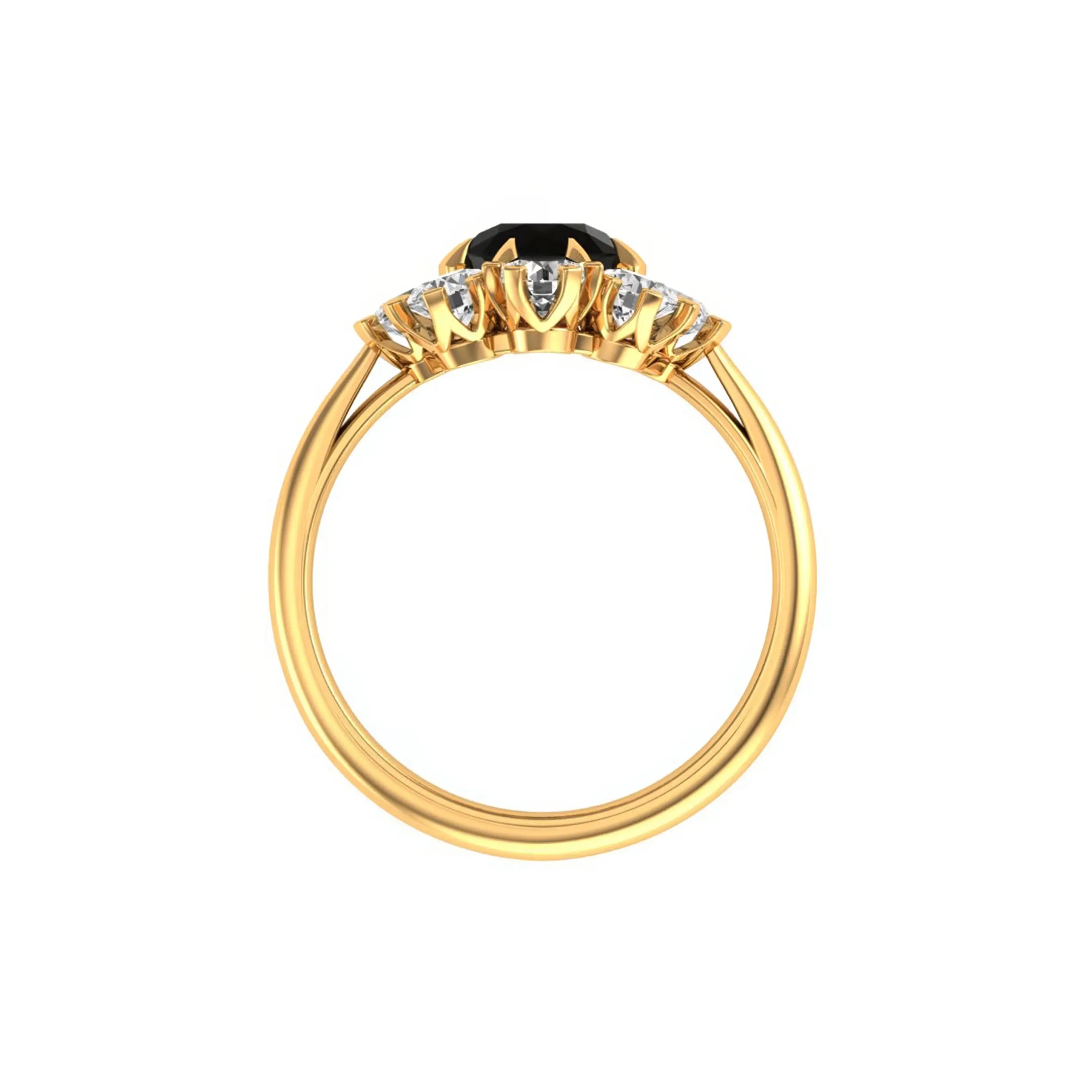 Front profile highlights crown prongs and scalloped halo gallery in yellow gold.
