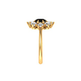 Side view displays low-set cluster head and smooth gold shank.
