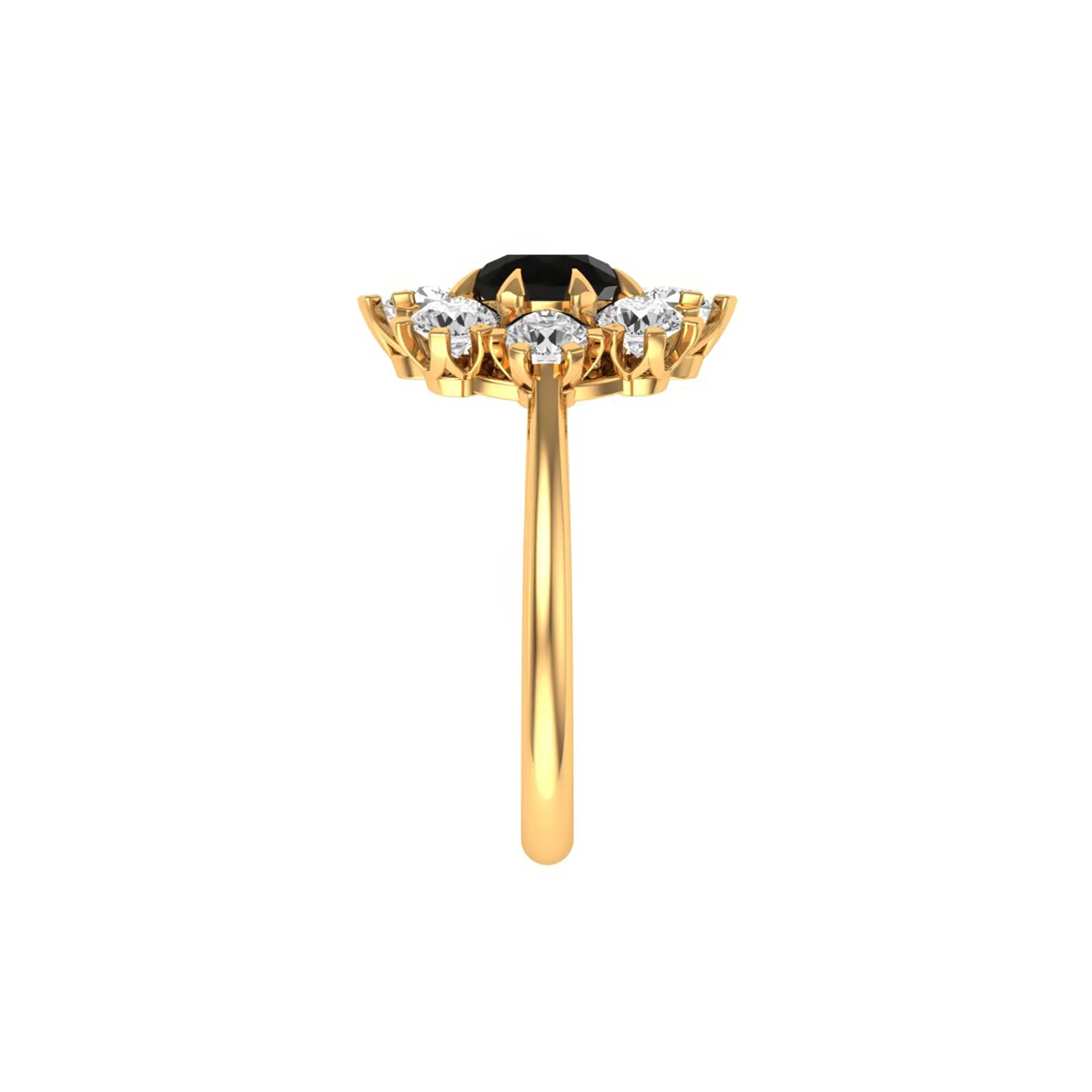 Side view displays low-set cluster head and smooth gold shank.