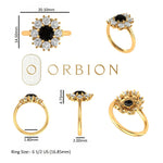 Size chart with ring measurements, top and side views, floral cluster head.