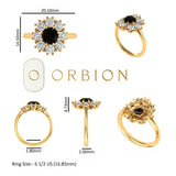 Size chart with ring measurements, top and side views, floral cluster head.