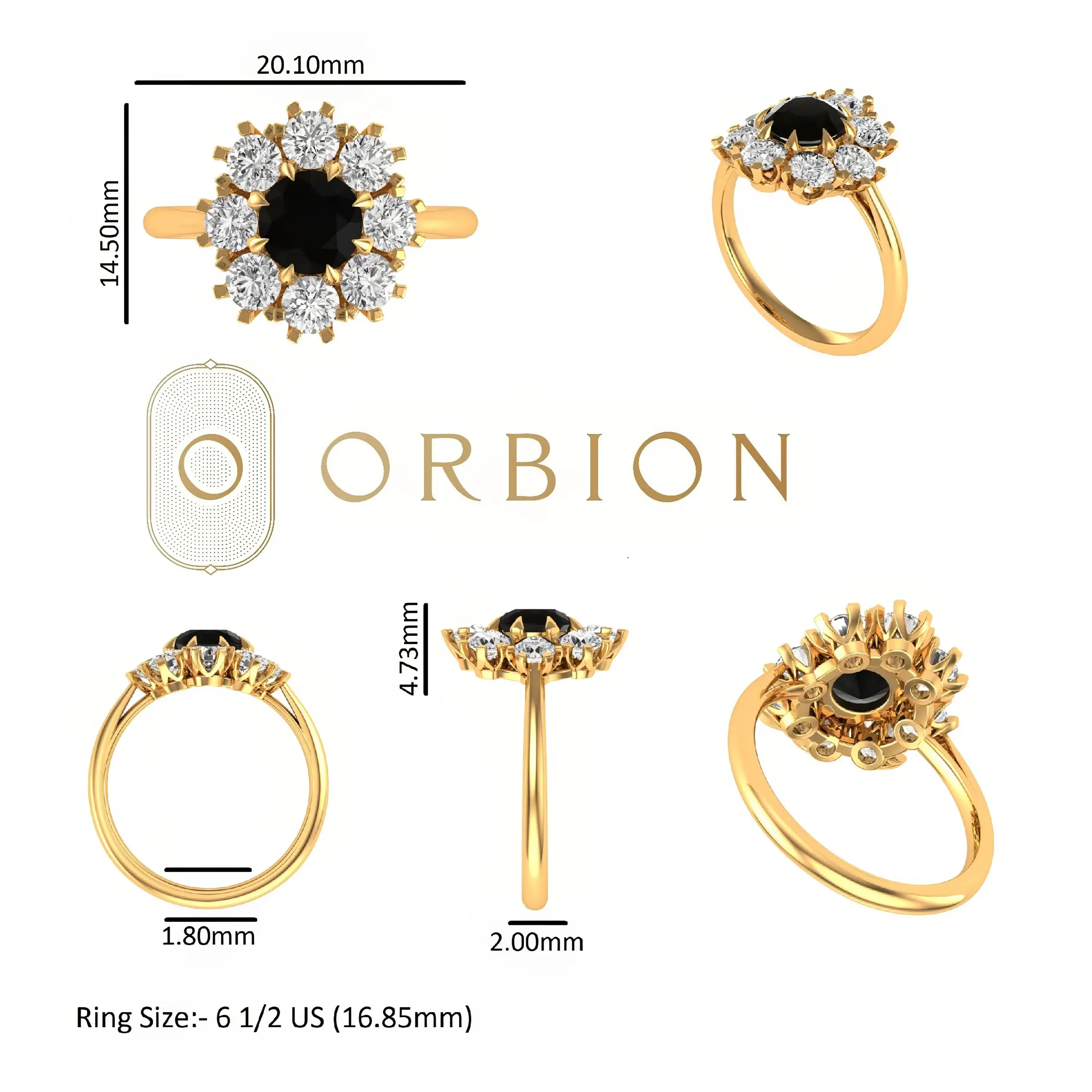 Size chart with ring measurements, top and side views, floral cluster head.