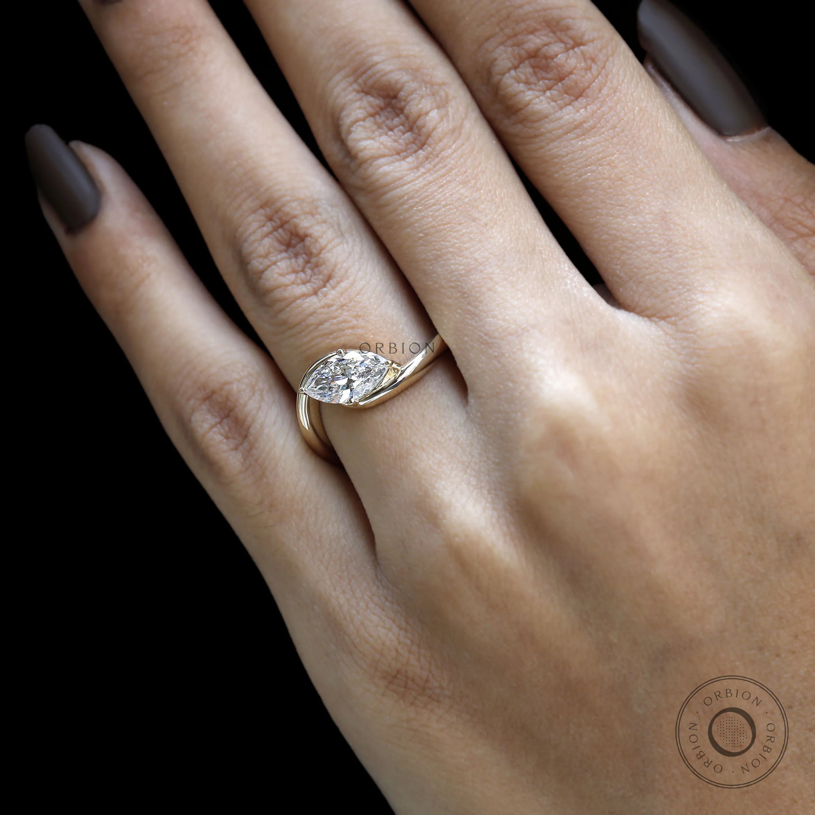 Marquise engagement ring with 1 ct solitaire lab diamond in yellow gold