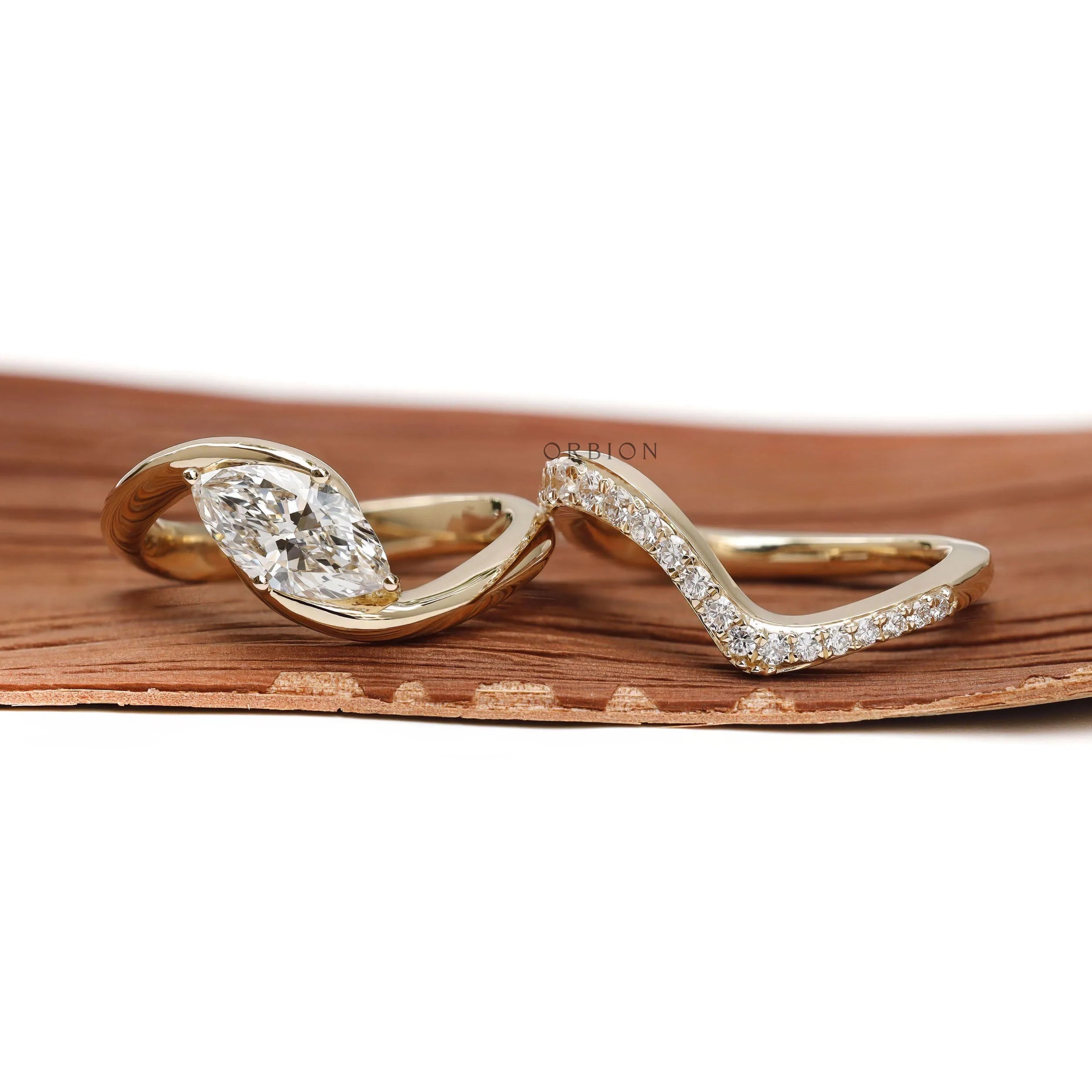Lab diamond marquise wedding ring set with matching band