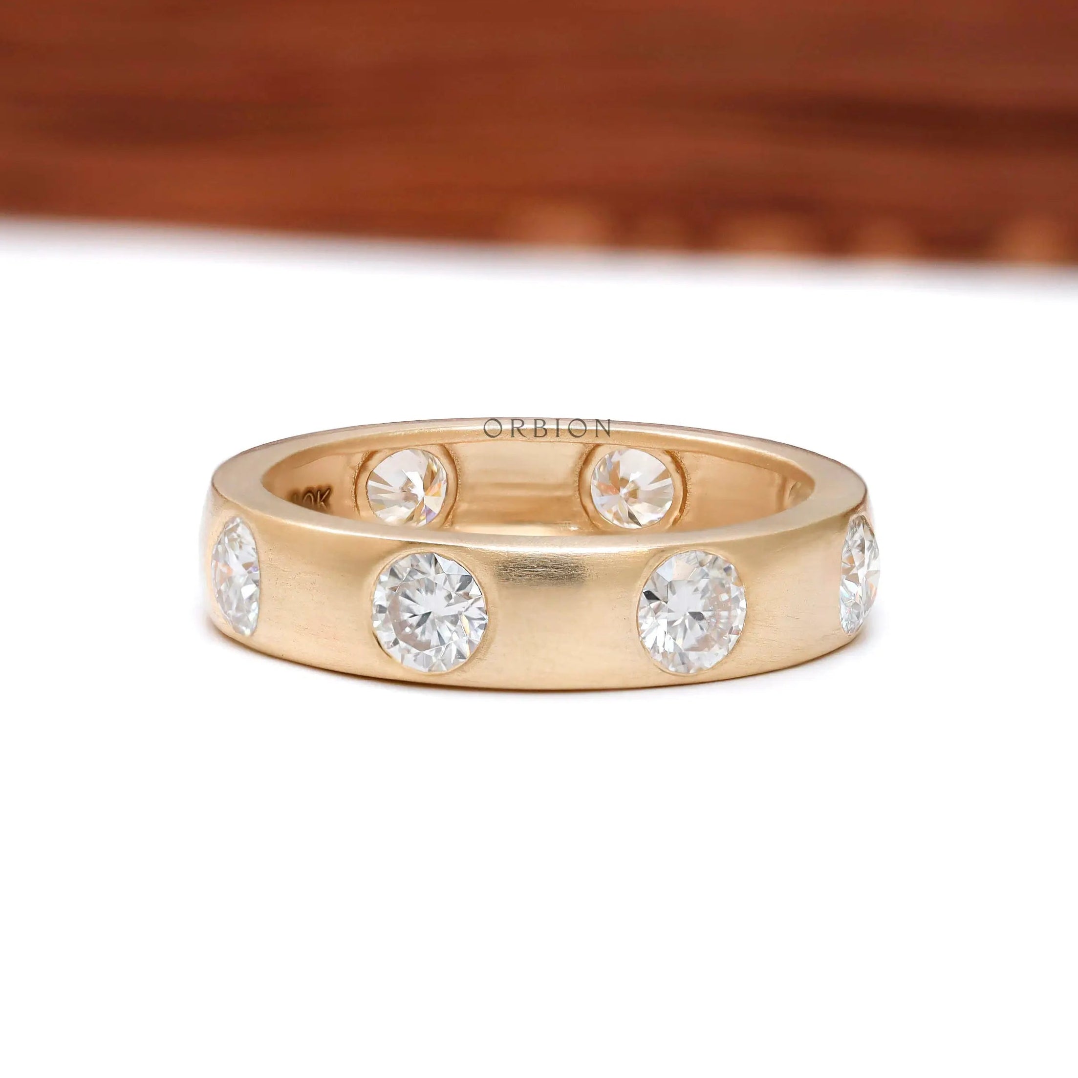 Flush set station style round lab diamond full eternity wedding band in 10k yellow gold 