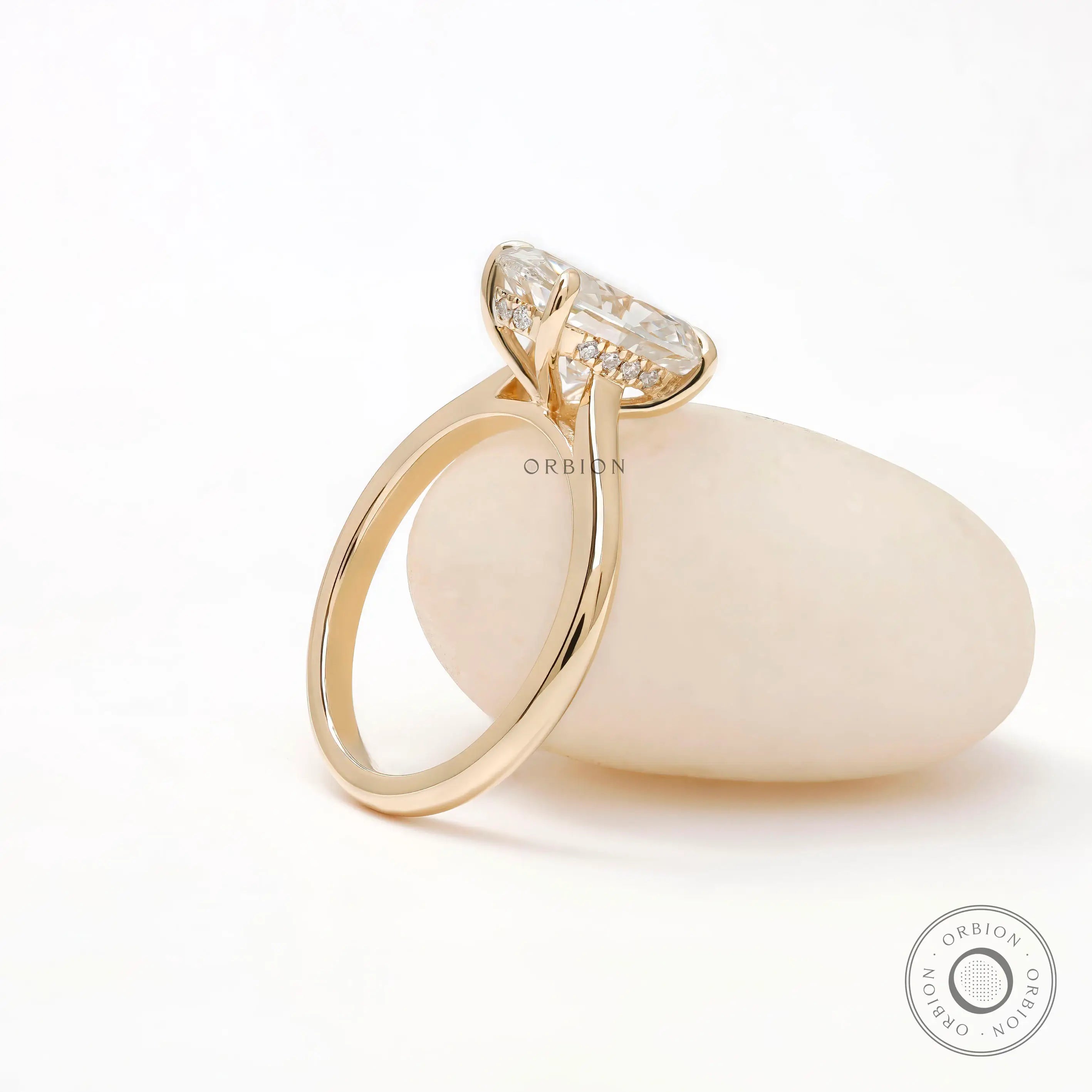 Cathedral setting hidden halo oval diamond ring