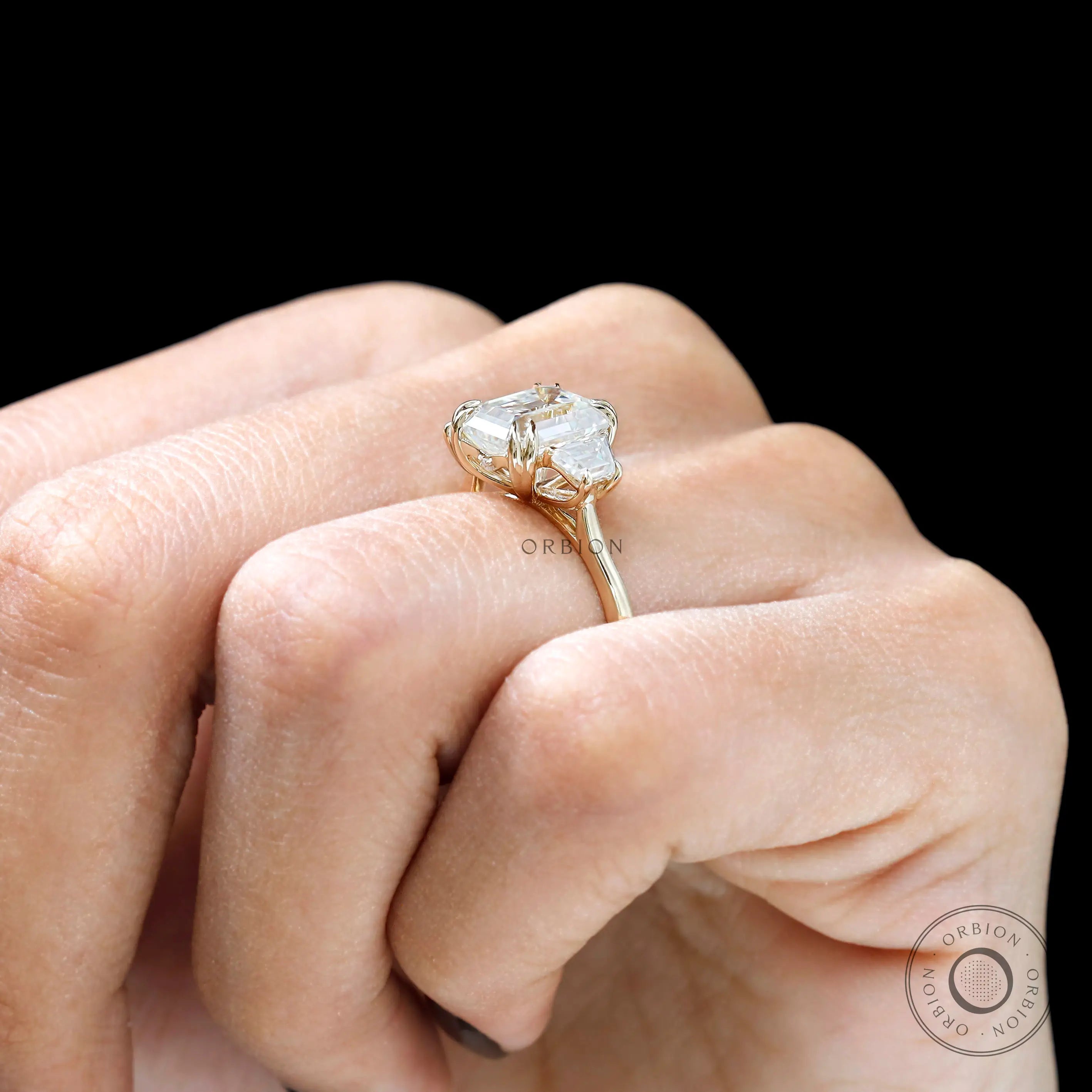 Cathedral setting emerald lab diamond ring detail view