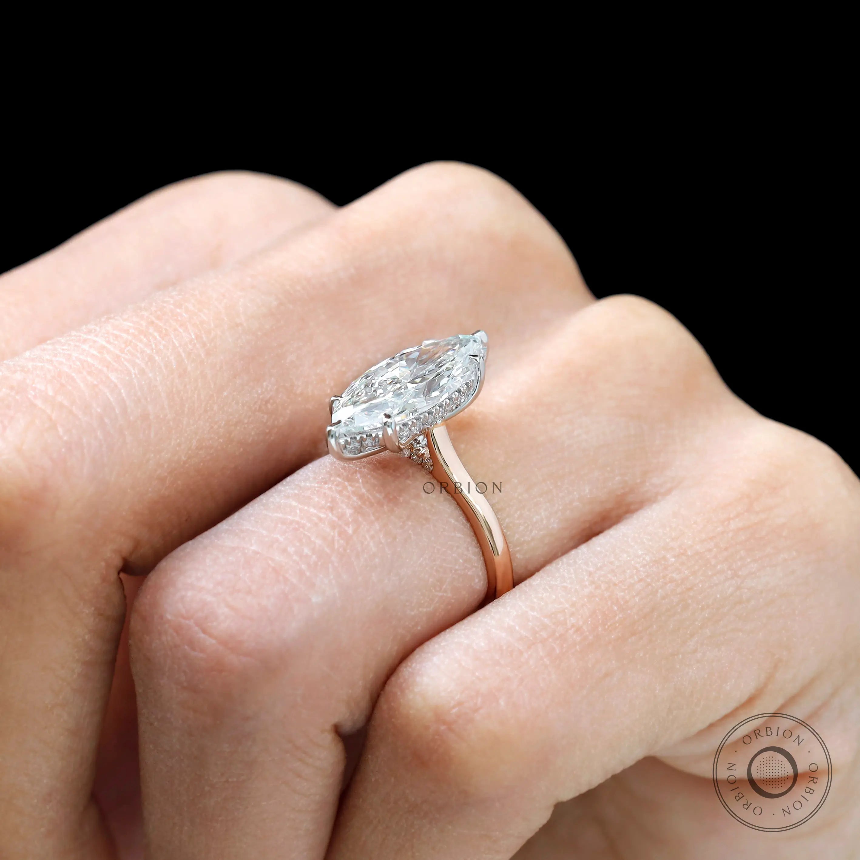 Hidden halo detailing of marquise cut lab grown diamond ring