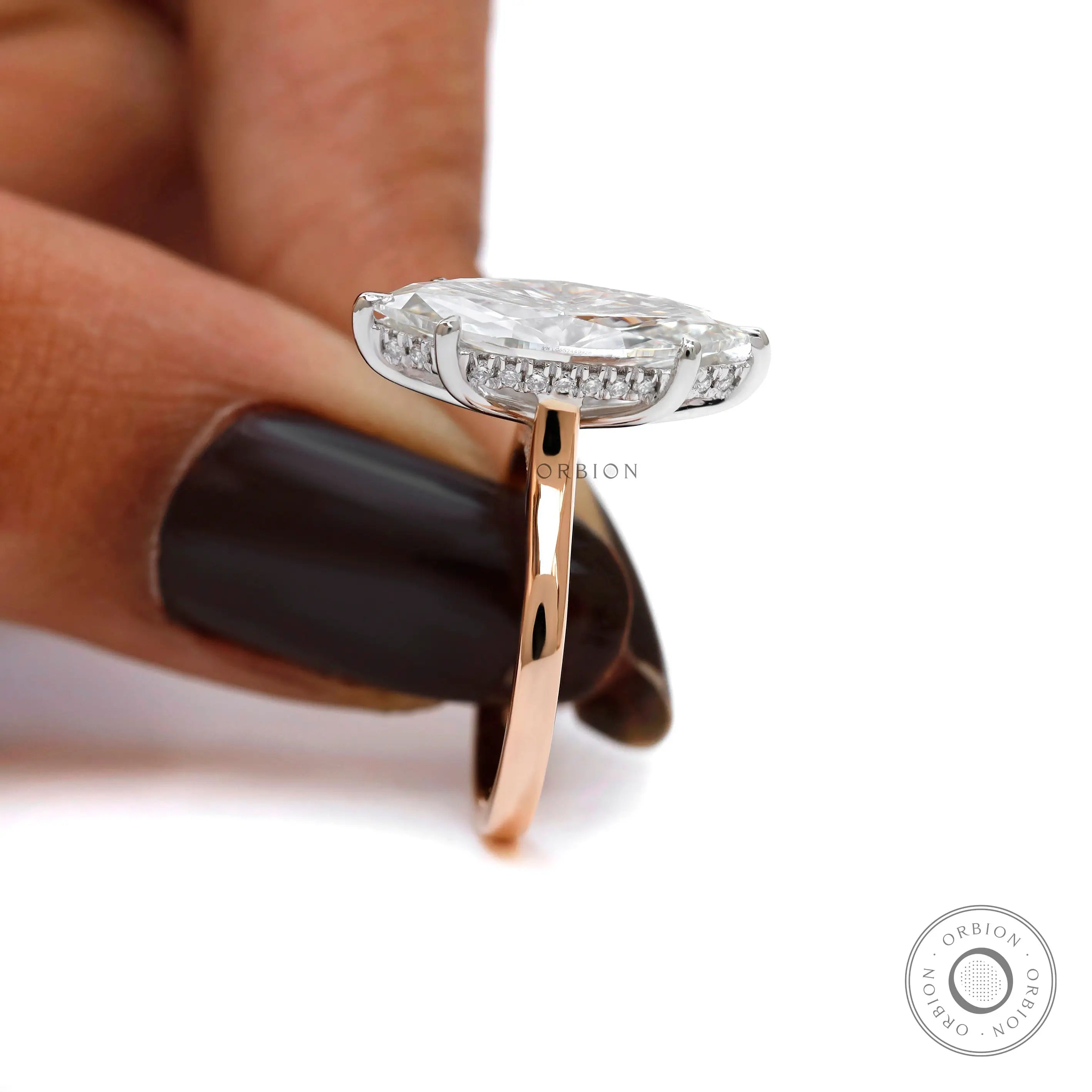 Two tone cathedral setting marquise lab diamond ring