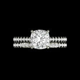 Cushion cut hidden halo cathedral engagement ring set in 14K white gold