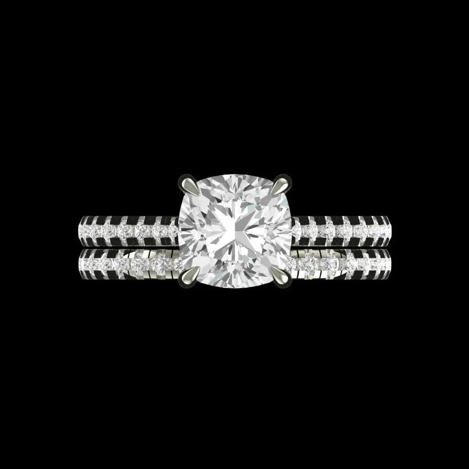 Cushion cut hidden halo cathedral engagement ring set in 14K white gold