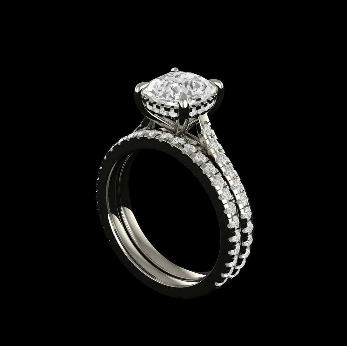 Cushion brilliant solitaire with matching pave band bridal ring set