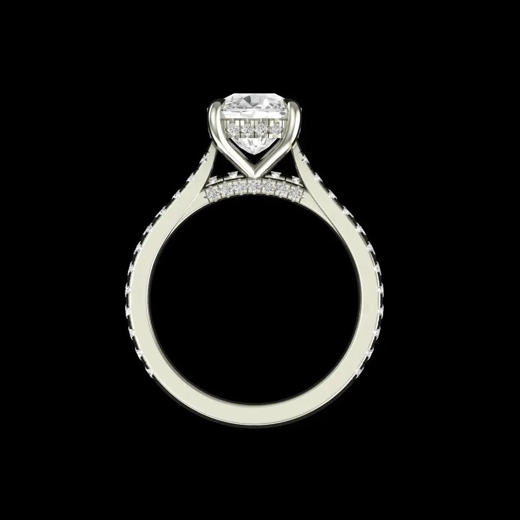Close up of cushion lab diamond or moissanite with hidden halo detail