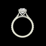 Close up of cushion lab diamond or moissanite with hidden halo detail