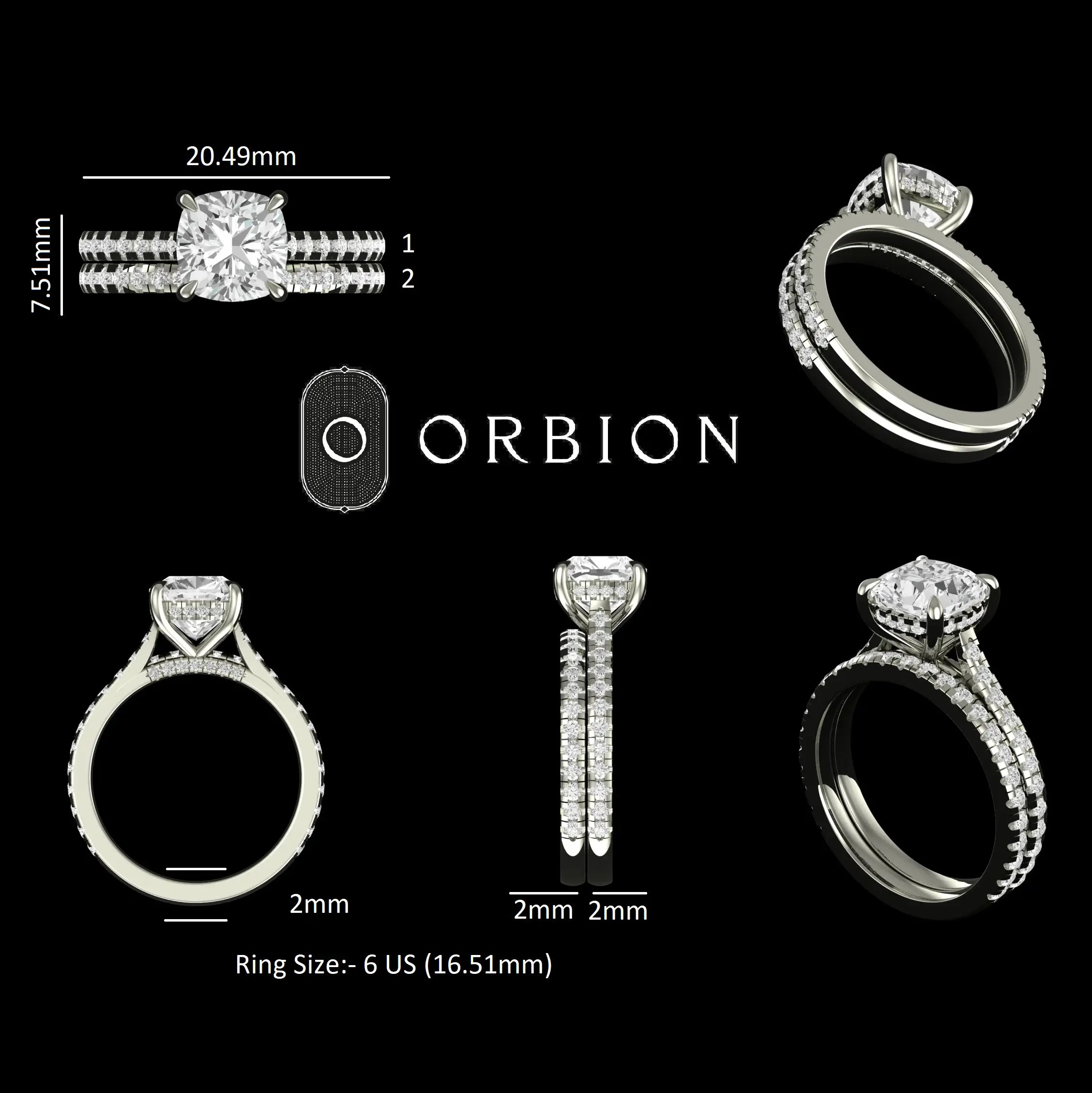 Cushion cut cathedral solitaire ring with pave band bridal set