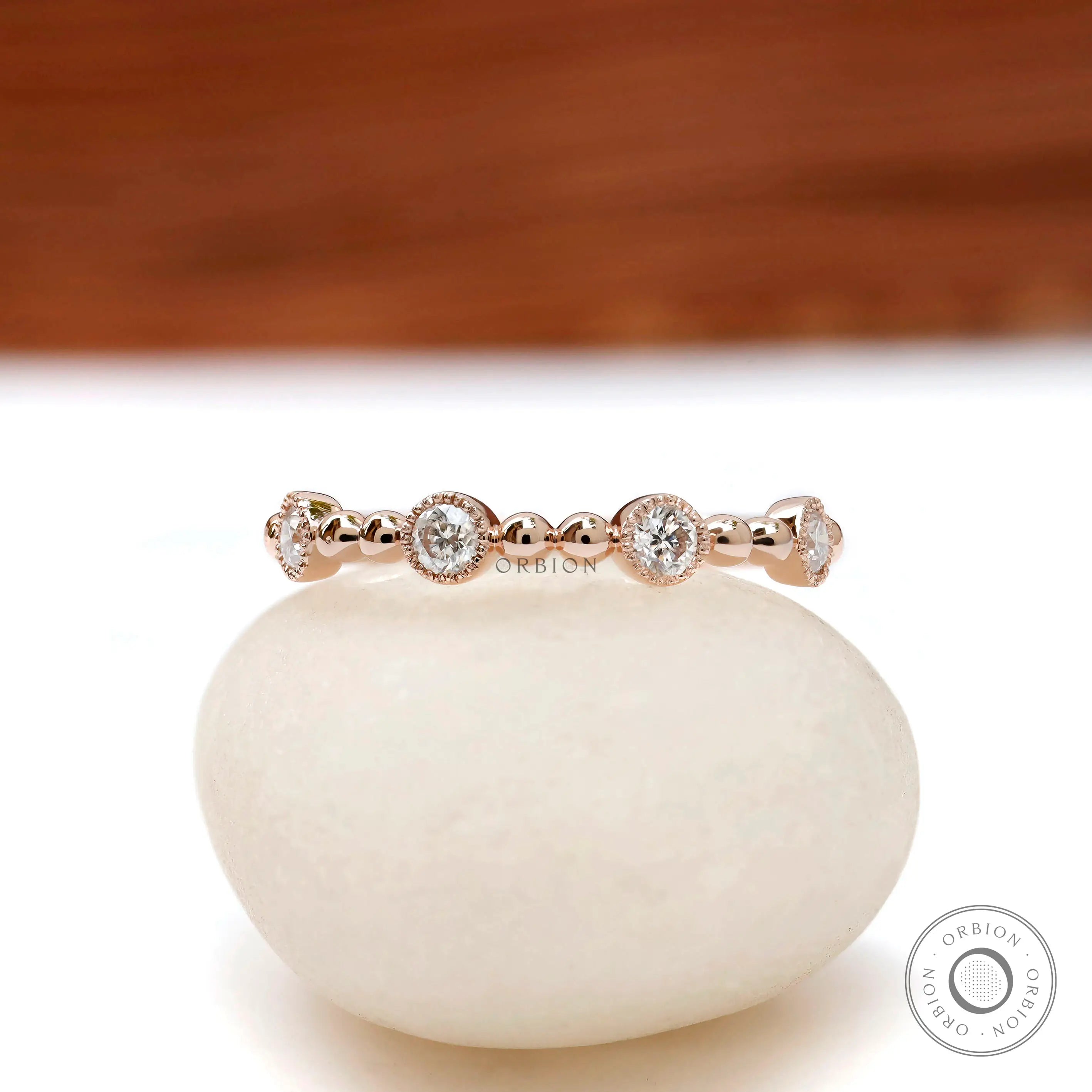 Vintage inspired beaded ball half eternity wedding band 14k rose gold with round lab diamonds 