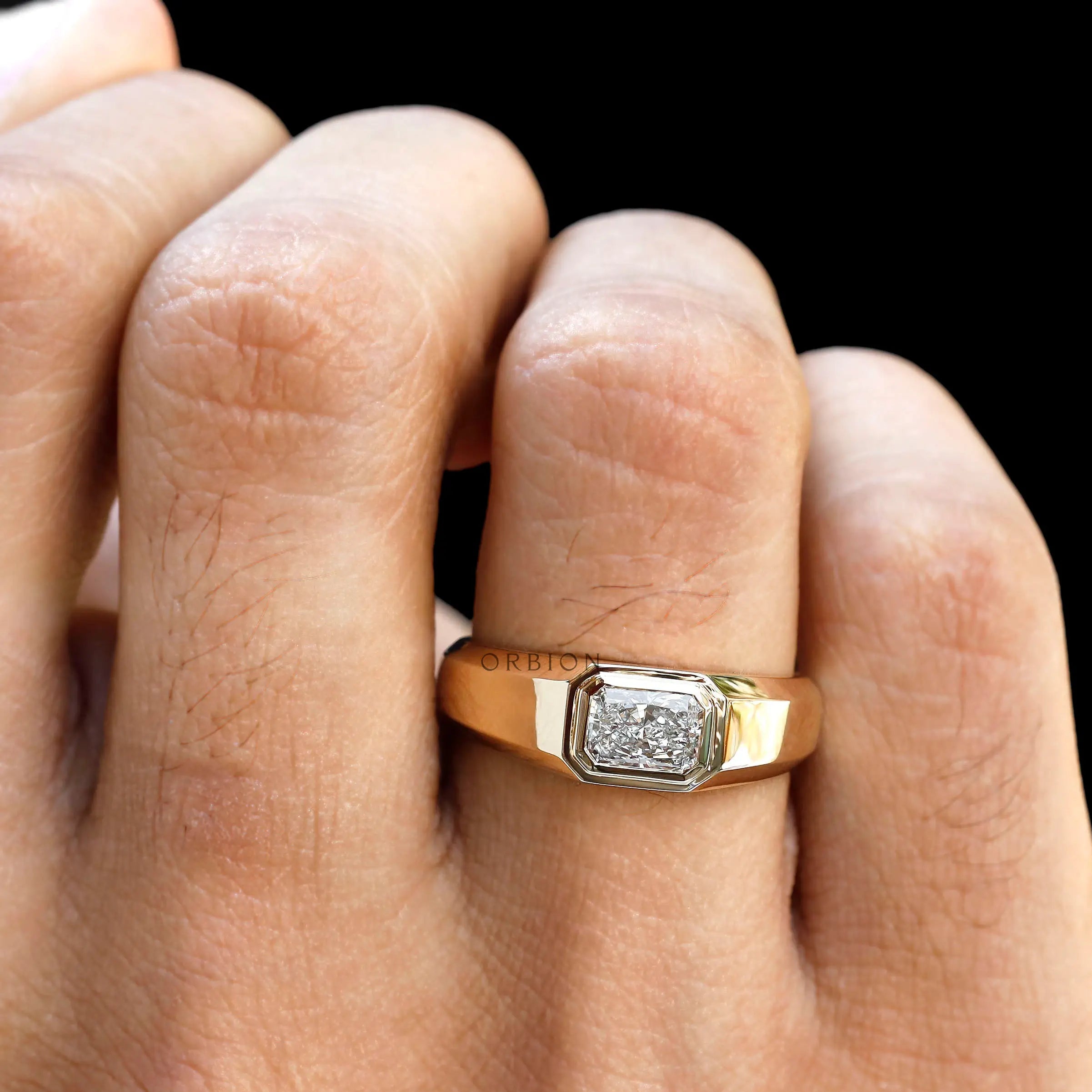mens signet ring with east west bezel set center lab diamond