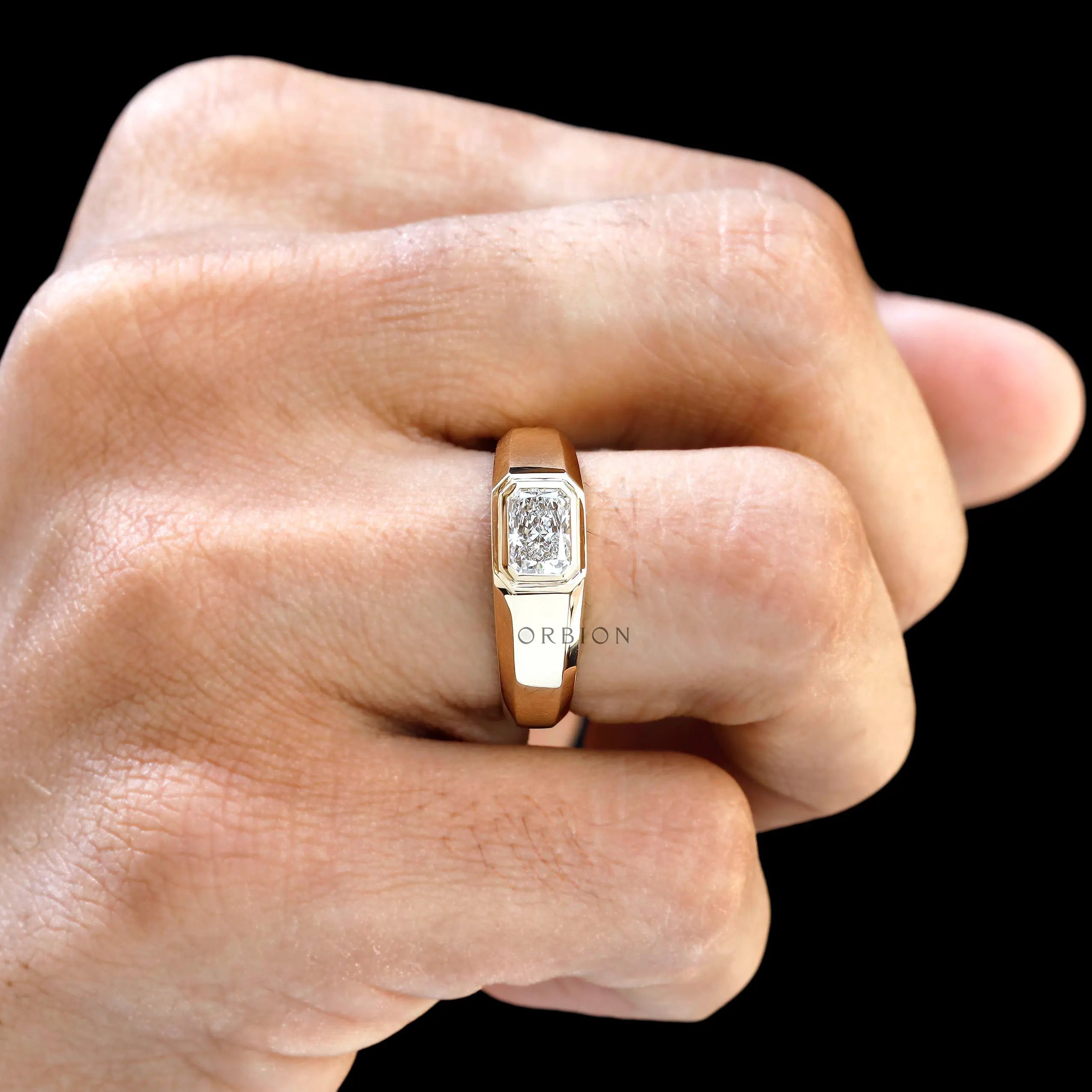 Mens east west radiant cut lab diamond bezel set signet ring in 14K yellow gold