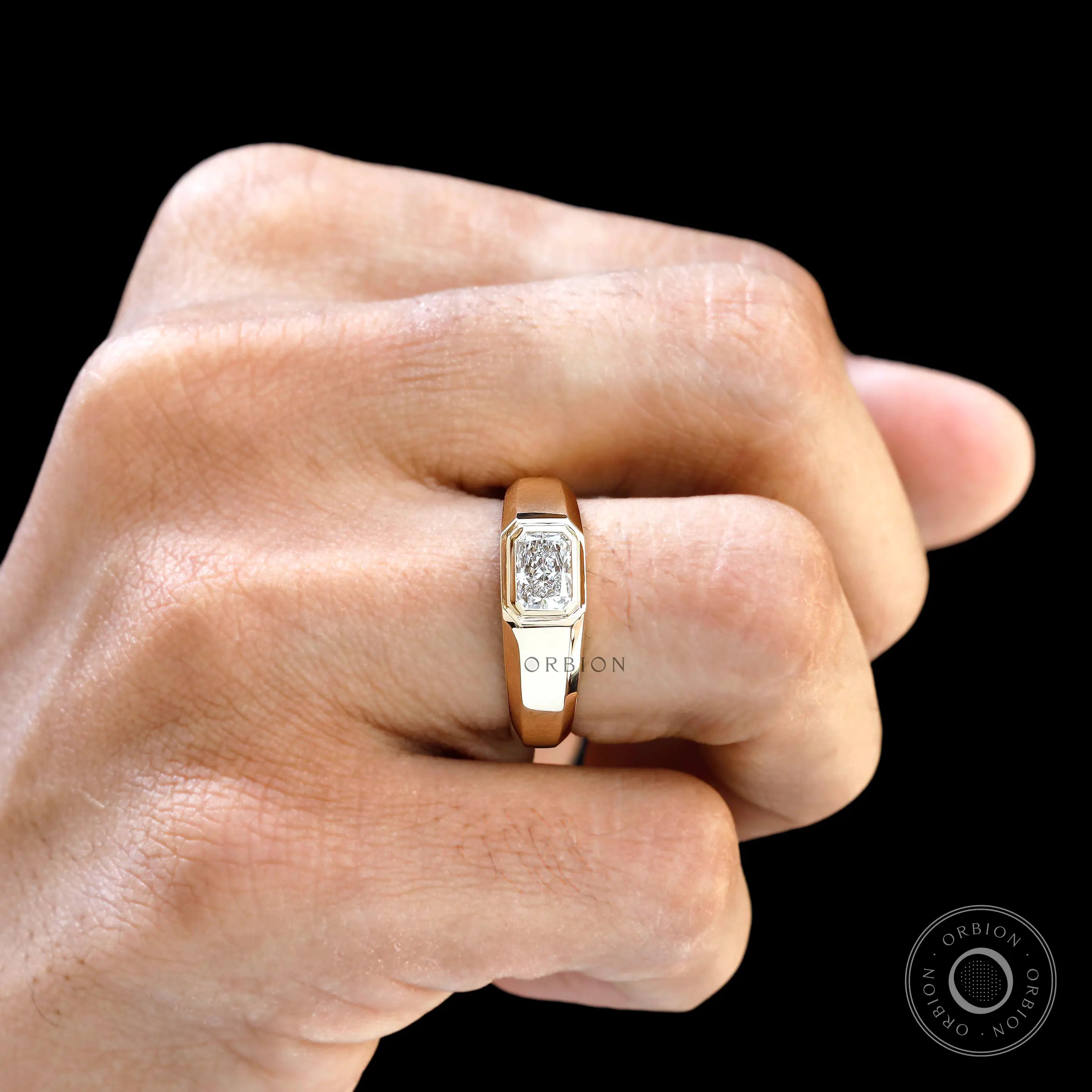Mens east west radiant cut lab diamond bezel set signet ring in 14K yellow gold