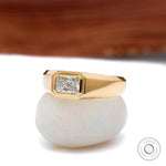Side view of east west bezel set radiant lab diamond mens yellow gold ring