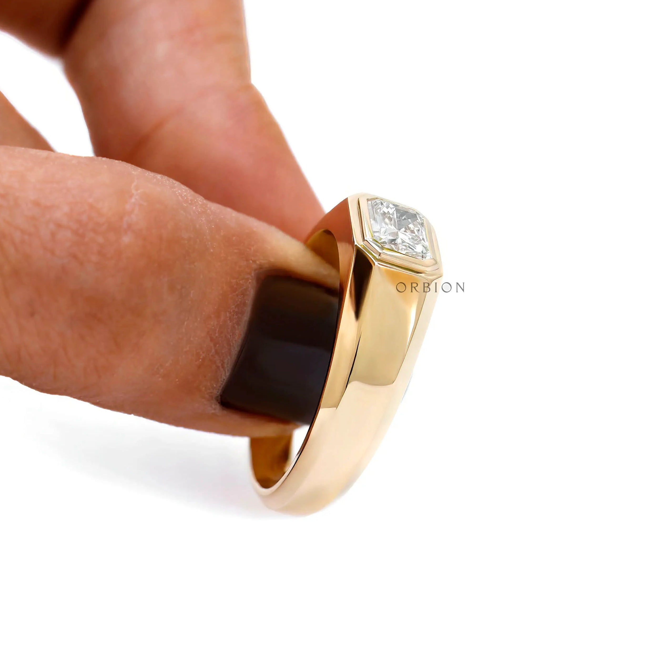 mens signet ring with bezel set radiant moissanite stone yellow gold