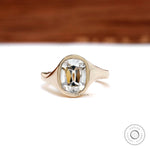 Old mine cut elongated cushion bezel engagement ring in 14k yellow gold  
