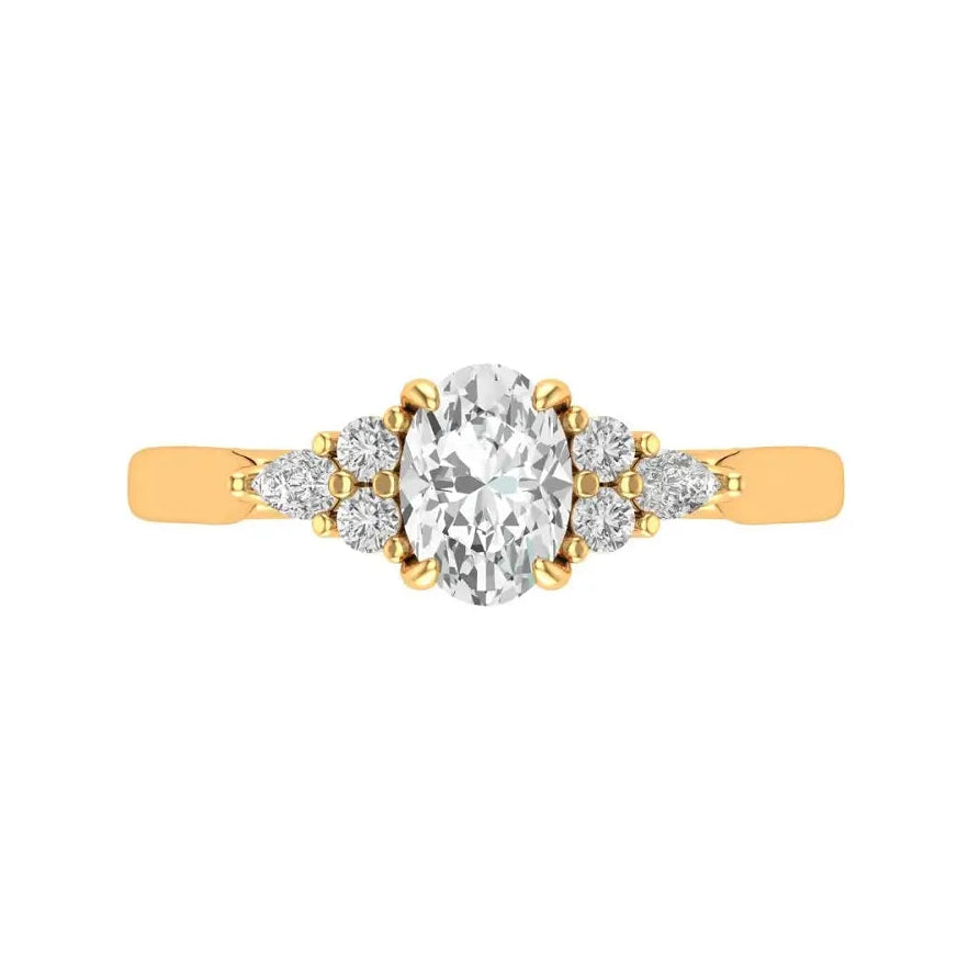 Oval cut trellis cluster engagement ring in 14k yellow gold