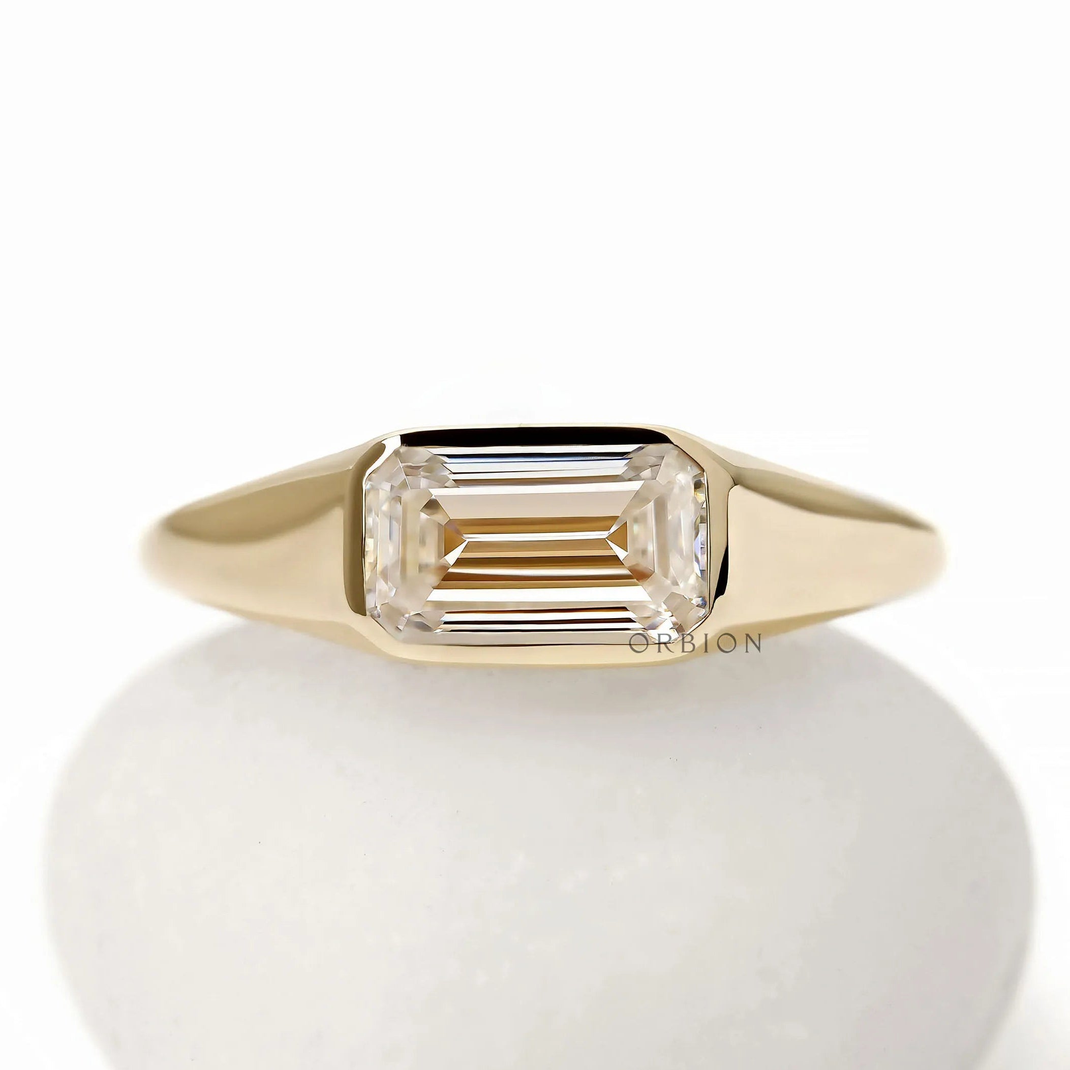Mens east west emerald cut lab diamond or moissanite signet ring 14k yellow gold