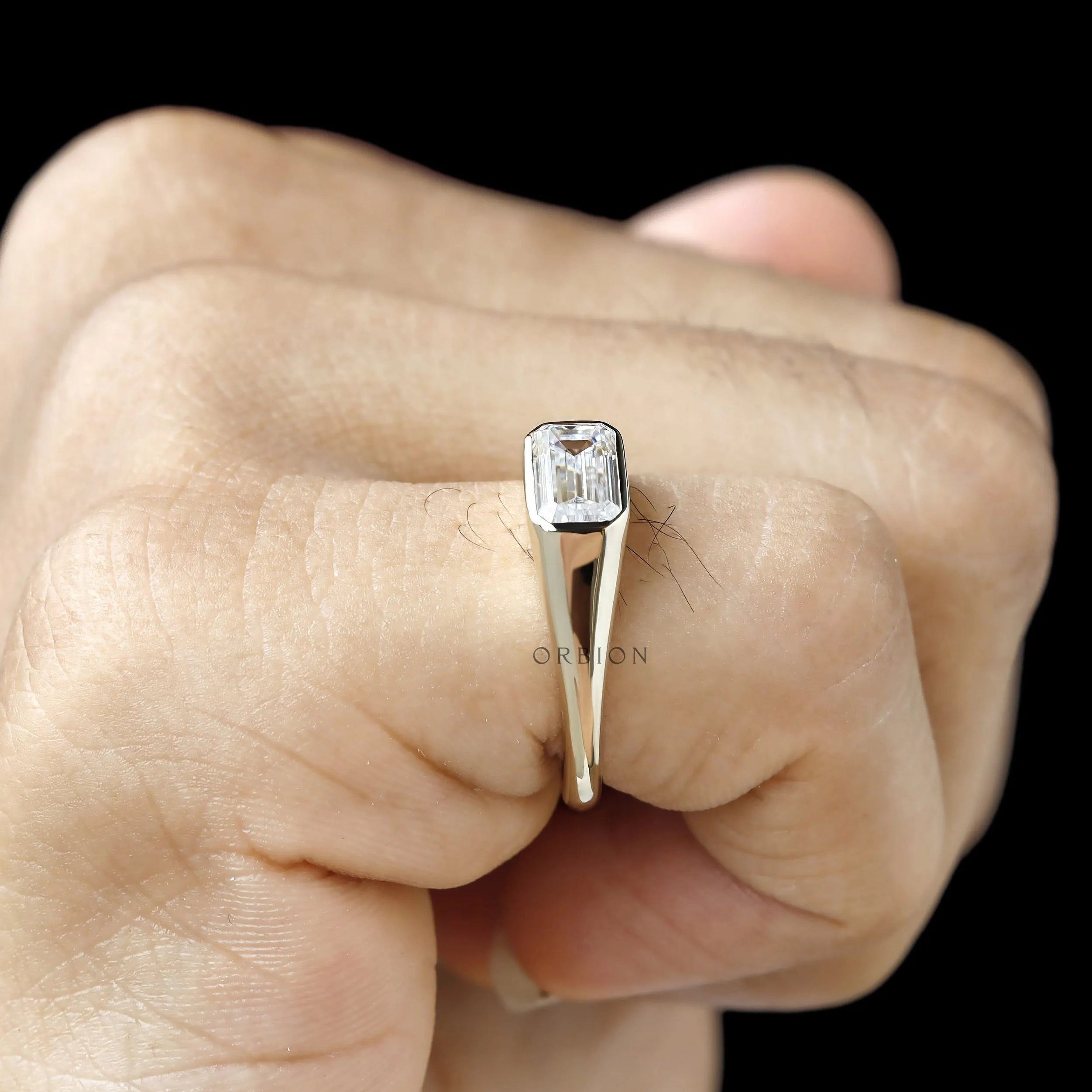 Mens east west bezel set lab diamond signet ring 14k yellow gold