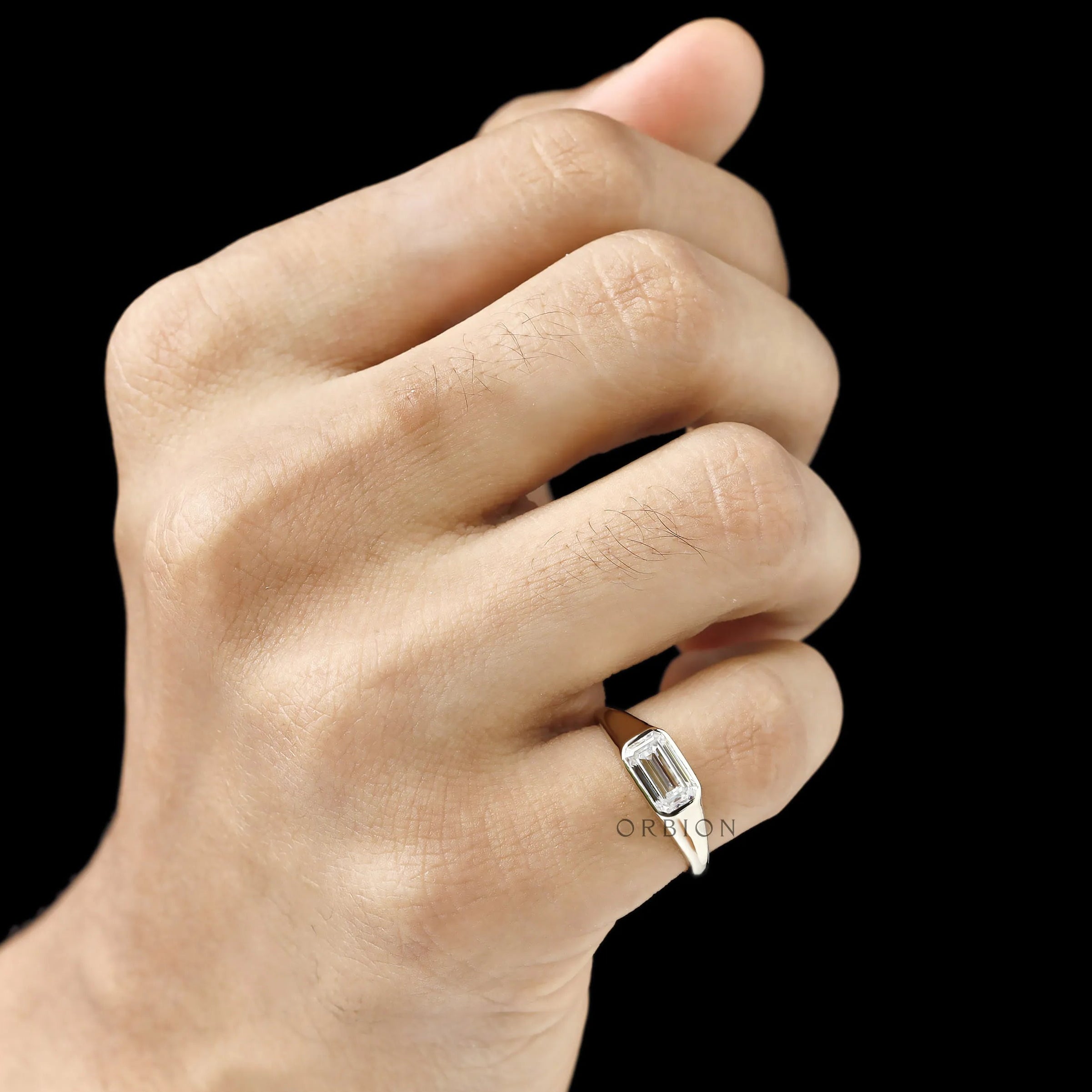 1.50 ct bezel set emerald cut lab diamond or moissanite ring yellow gold for him