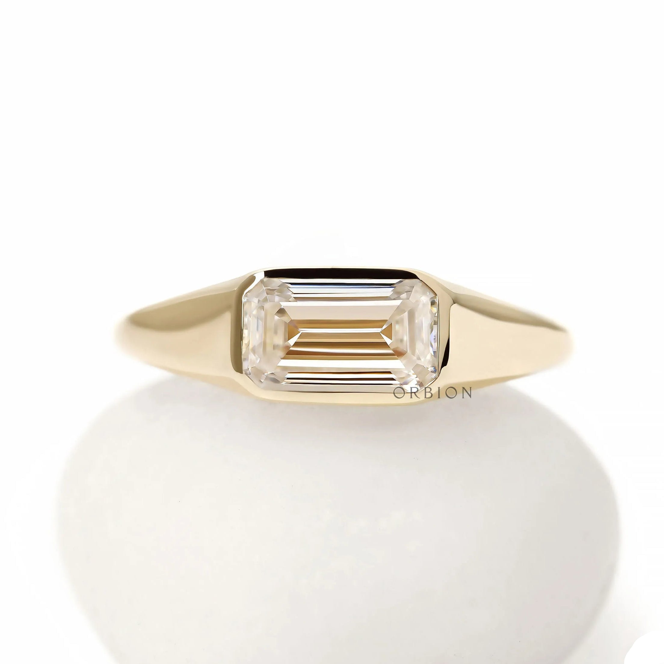 Mens east west emerald cut lab diamond or moissanite signet ring 14k yellow gold