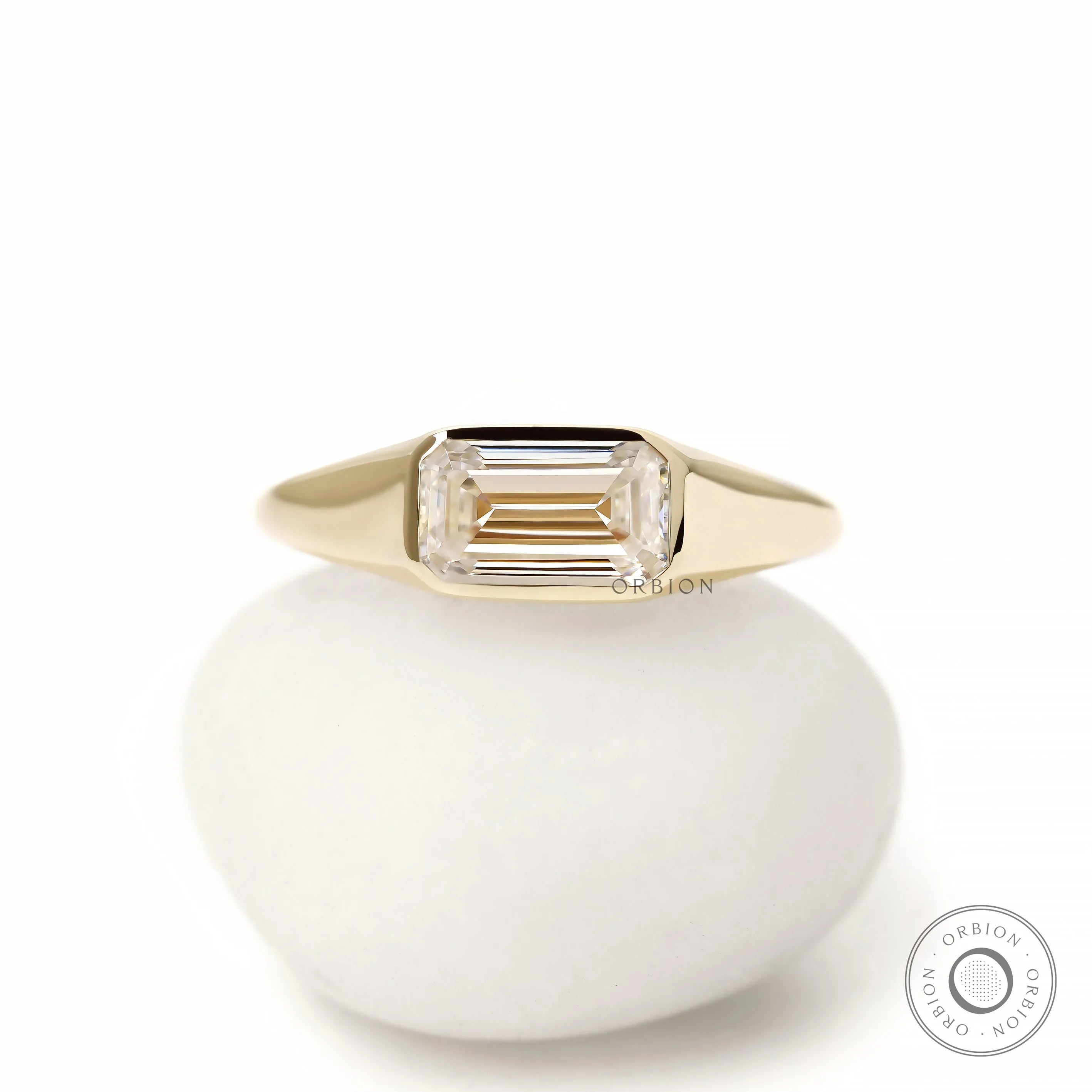 Mens east west emerald cut lab diamond or moissanite signet ring 14k yellow gold
