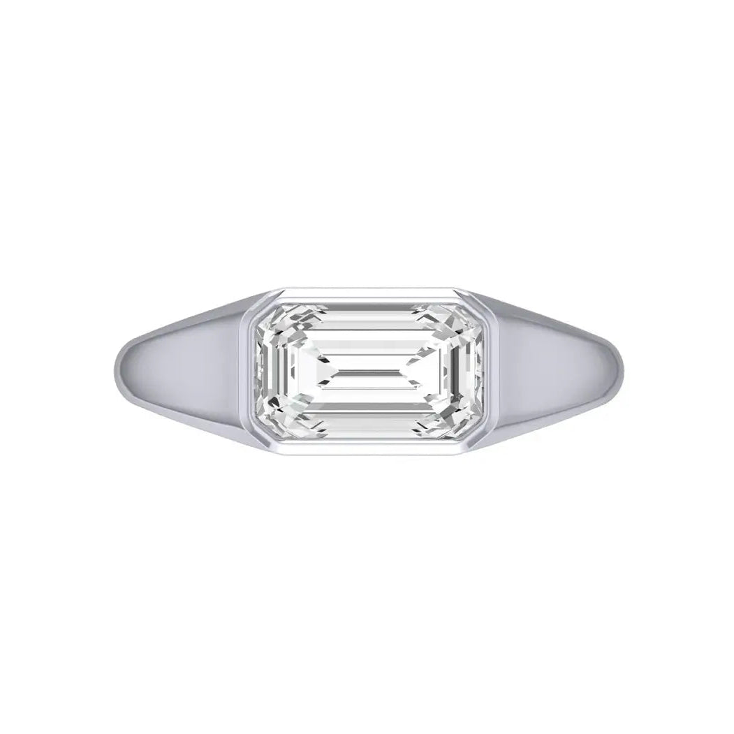 Mens east west emerald cut bezel set signet ring in 14k white gold front view