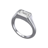 Emerald cut lab diamond signet ring horizontal setting in white gold