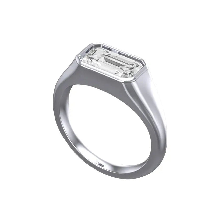 Emerald cut lab diamond signet ring horizontal setting in white gold