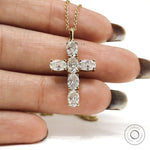 14k Yellow Gold Holy Cross Pendant Featuring Sparkling Oval Moissanite Gems