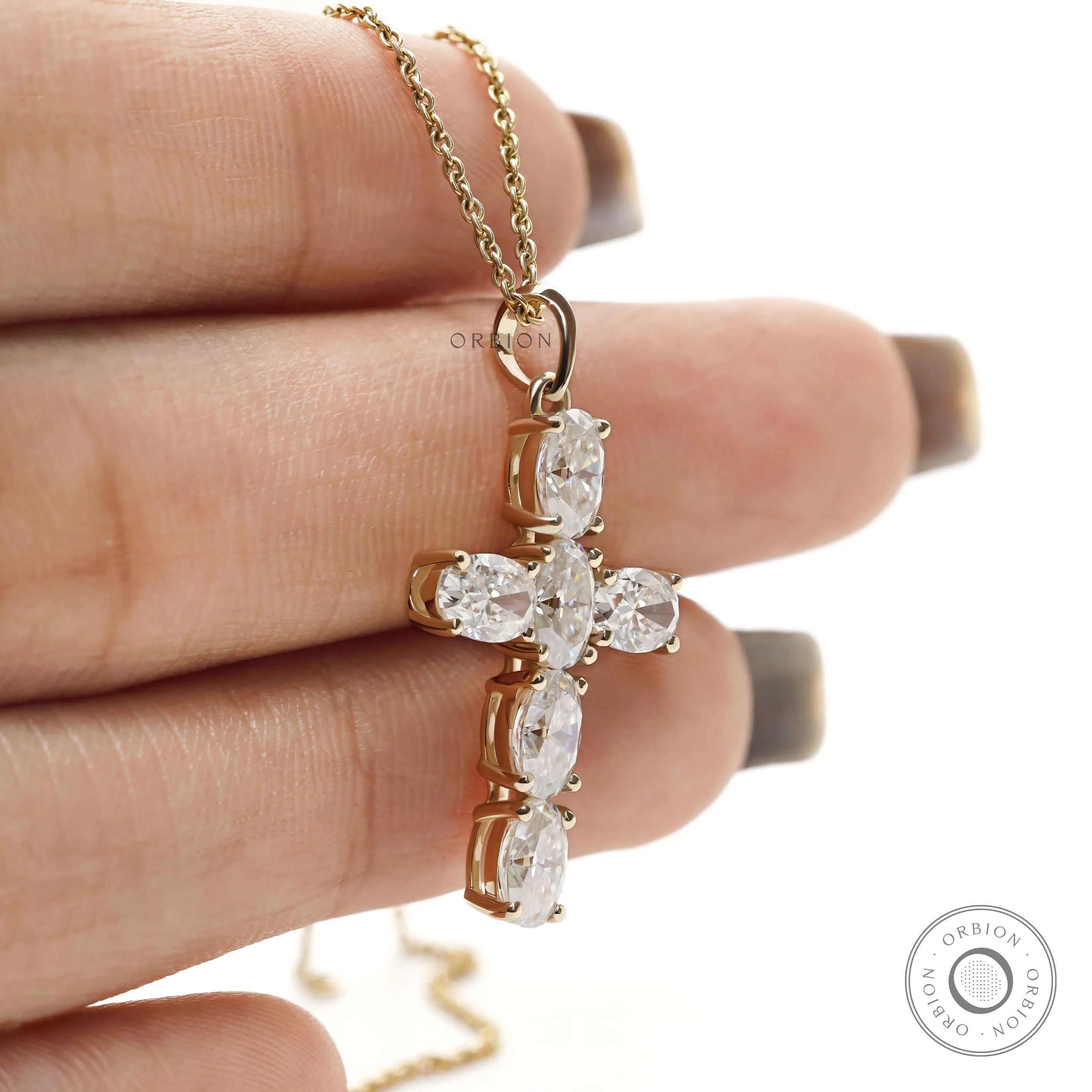 Elegant Unisex Holy Cross Pendant with Oval Moissanite Stones in Yellow Gold
