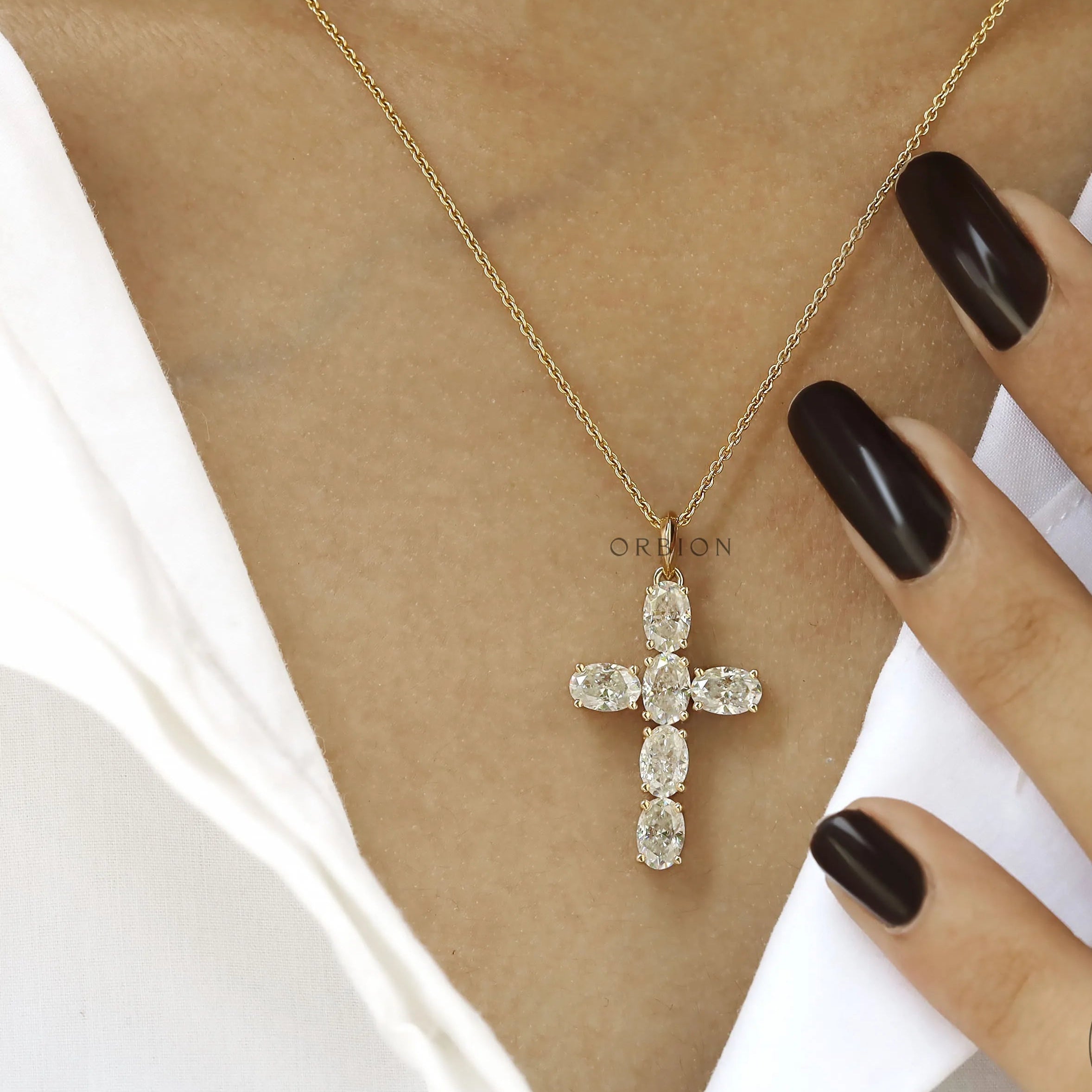 Holy Cross Pendant in 14k Yellow Gold with Oval Moissanite Stones, Unisex Design
