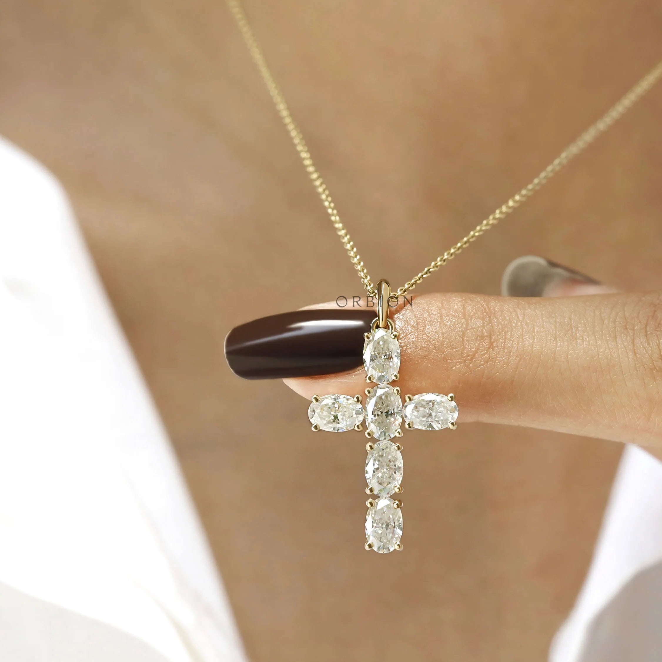 Fine Jewelry Holy Cross Pendant in Yellow Gold with Brilliant Oval Moissanite
