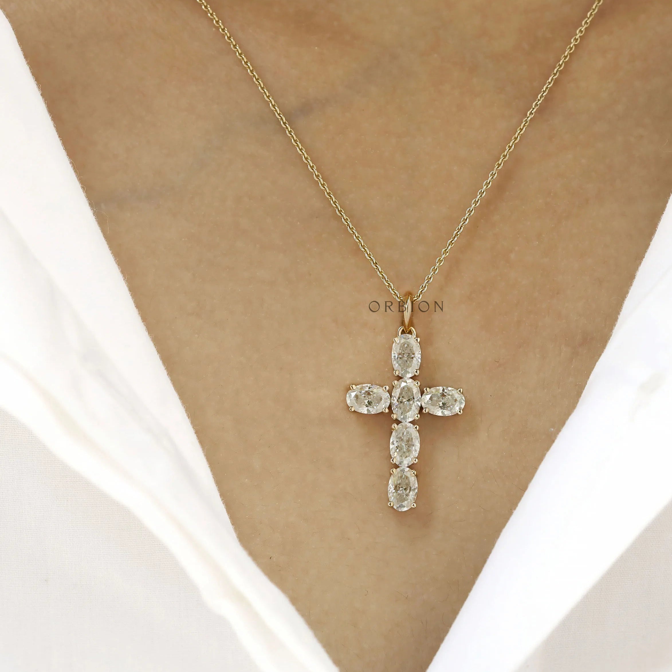 Unisex Religious Pendant Featuring Holy Cross Design and Oval Moissanite Gems