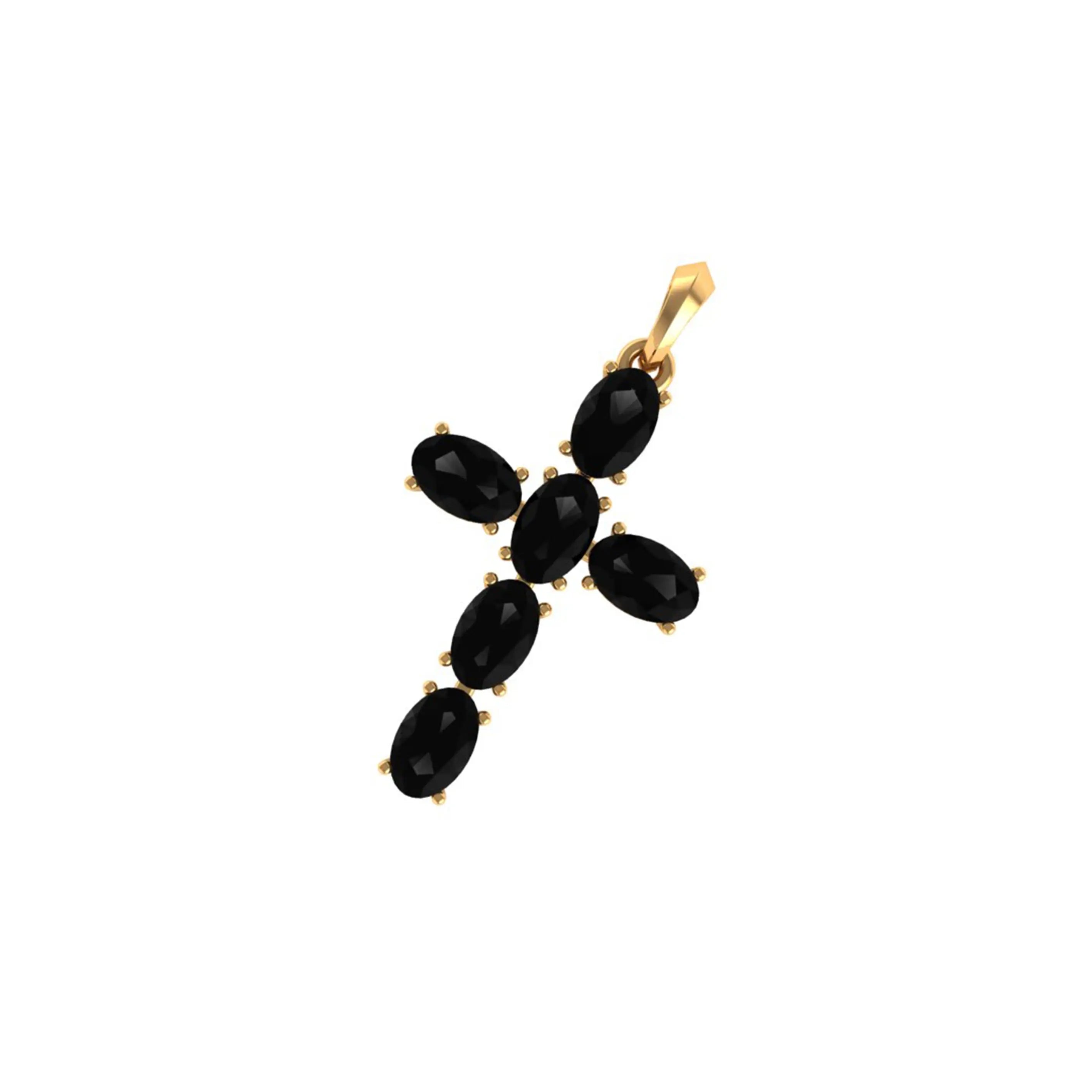 Angled view of semi mount oval cross pendant in yellow gold