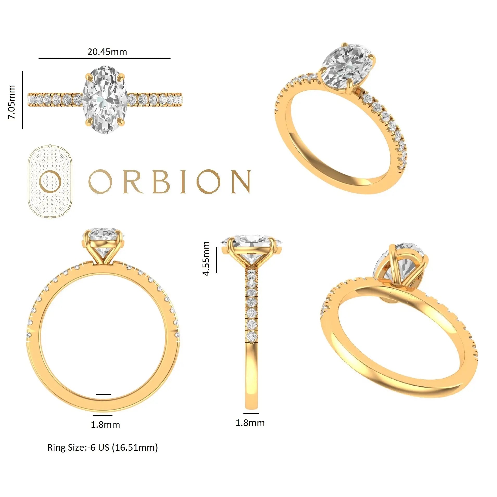 Oval moissanite solitaire ring with pave shank
