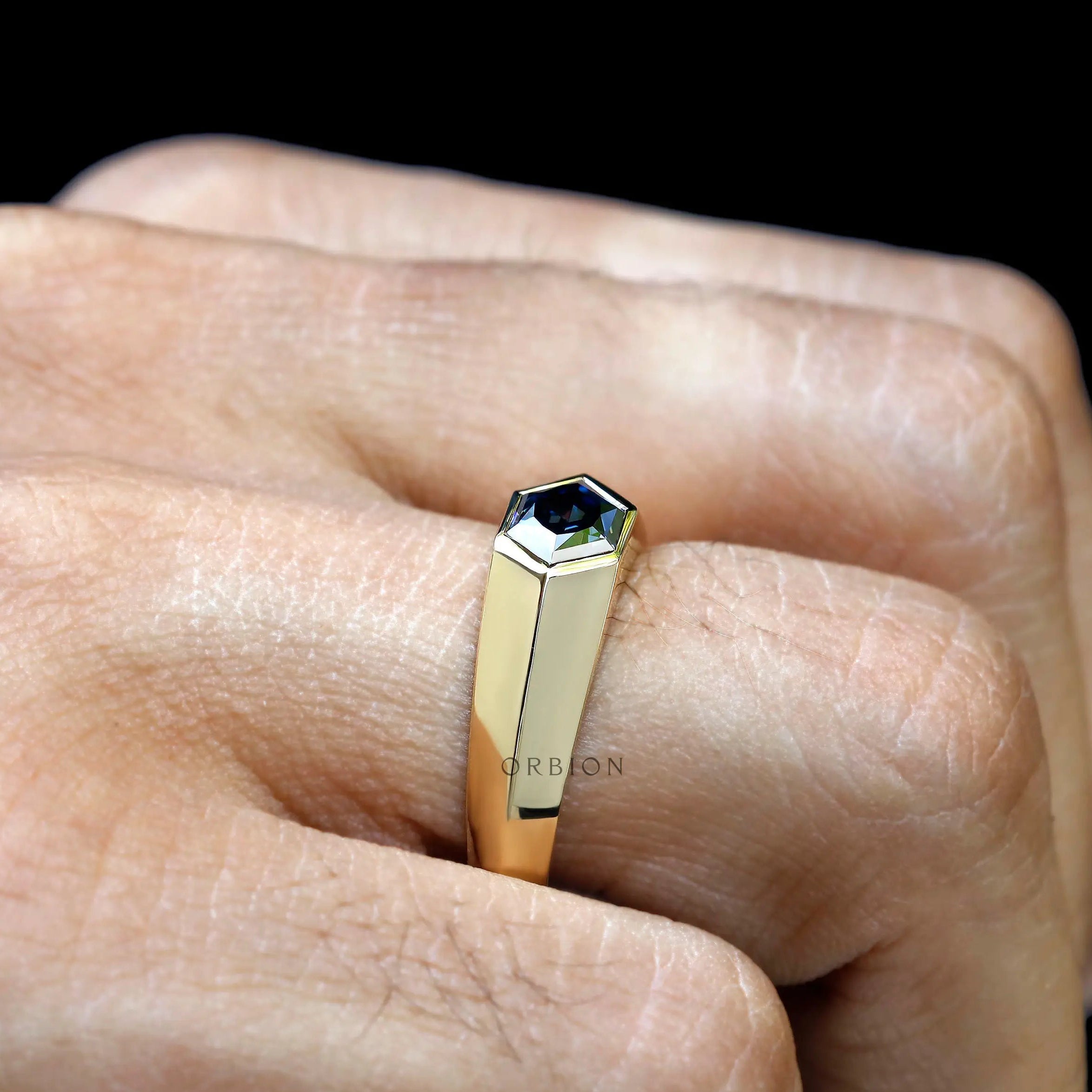 Hexagon cut blue moissanite signet ring for him 