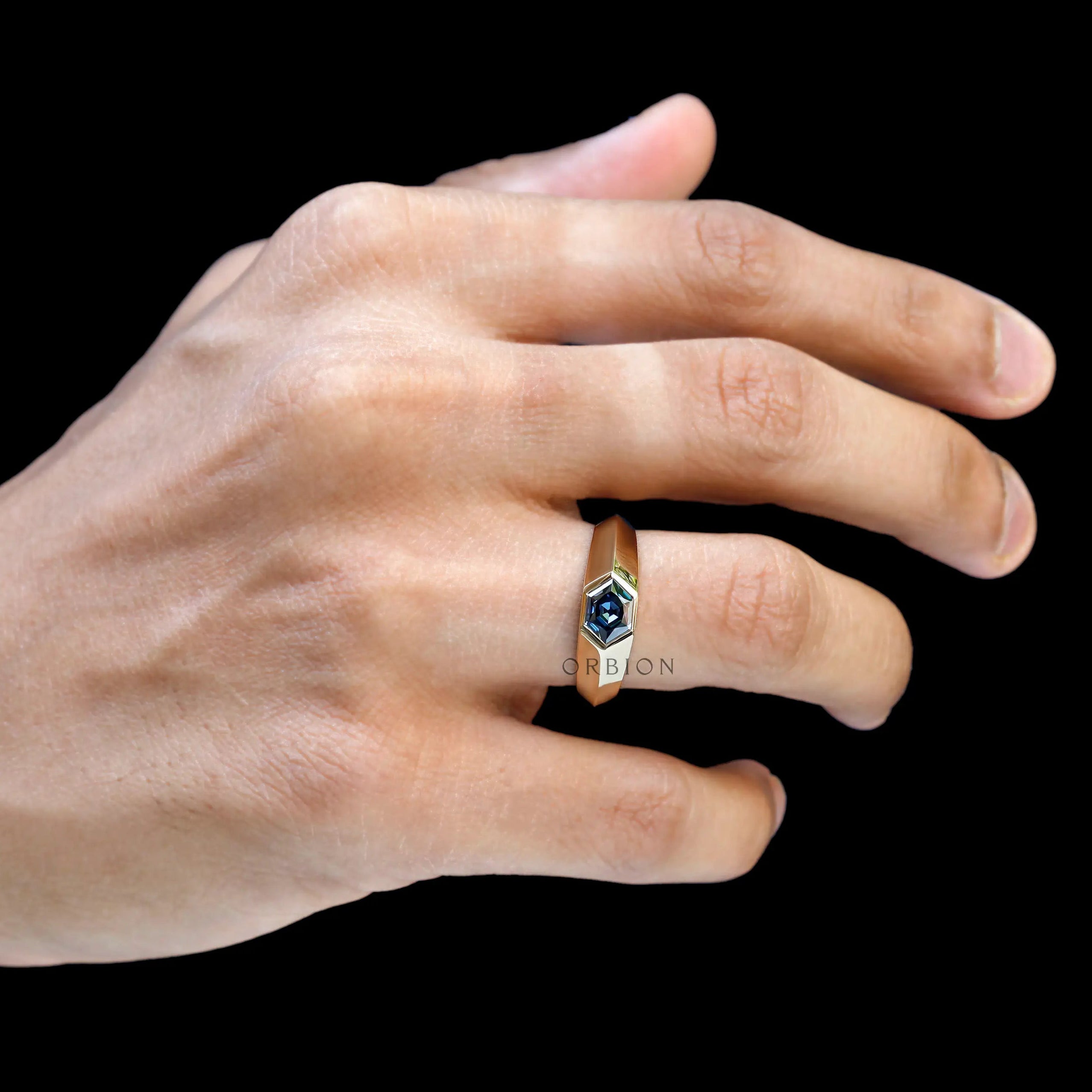 Contemporary men’s wedding band style hexagon moissanite ring 