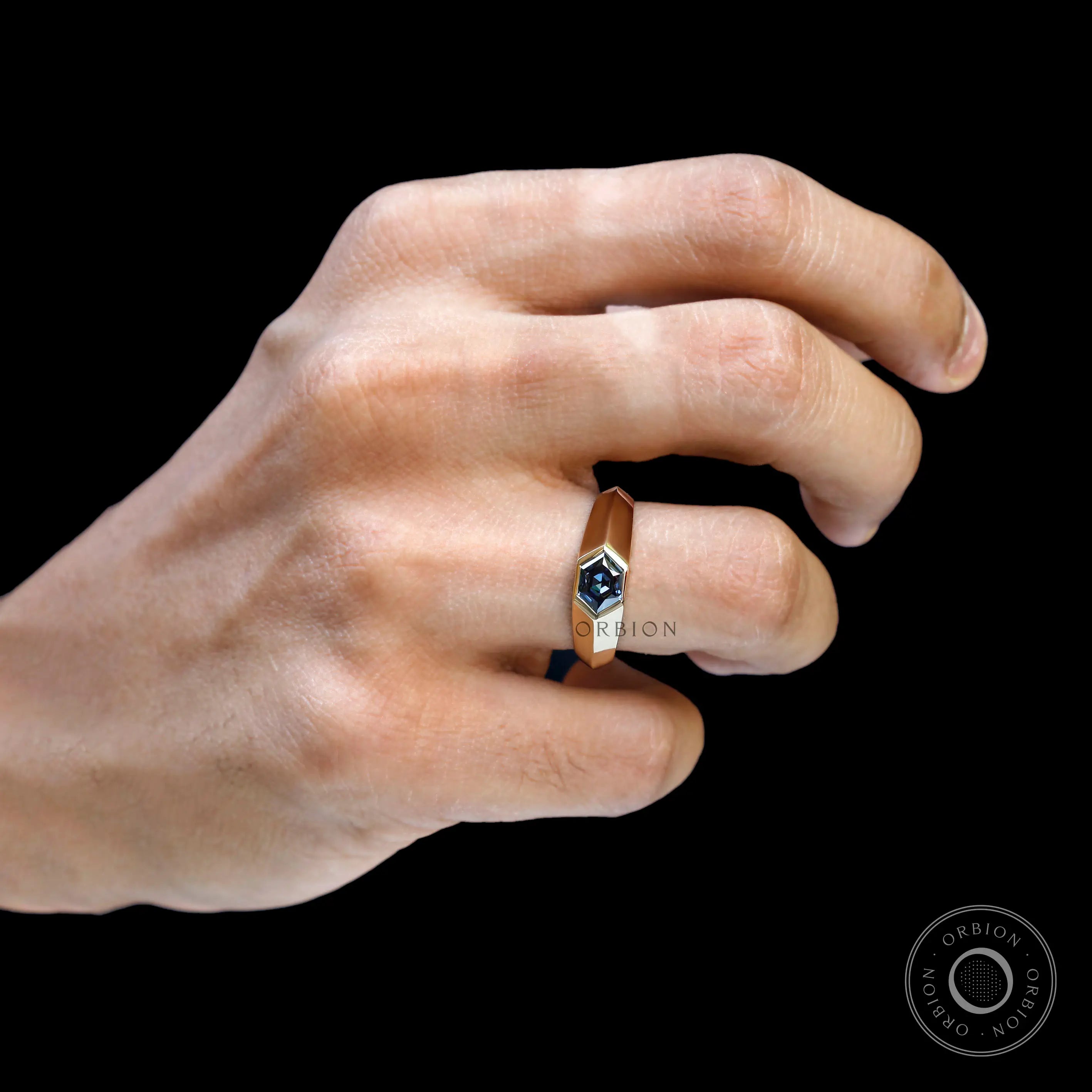 Men’s geometric hexagon moissanite ring worn on hand 